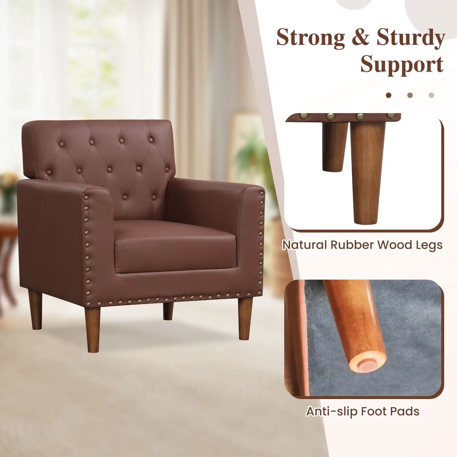 Brown mid-century modern button tufted accent chair with rivet details by Platinum-Level Office Chairs, showcasing plush upholstery and sleek design.