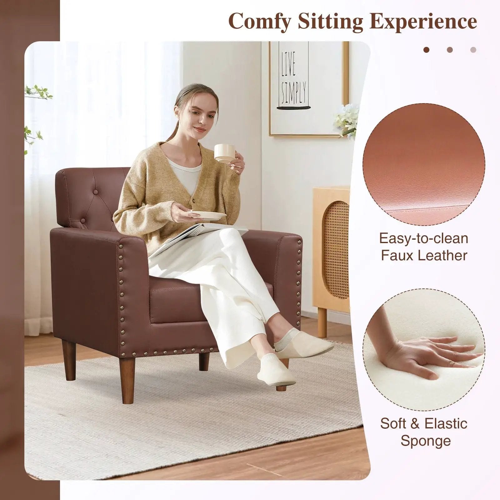 Brown mid-century modern button tufted accent chair with rivet details by Platinum-Level Office Chairs, showing plush upholstery and stylish design.