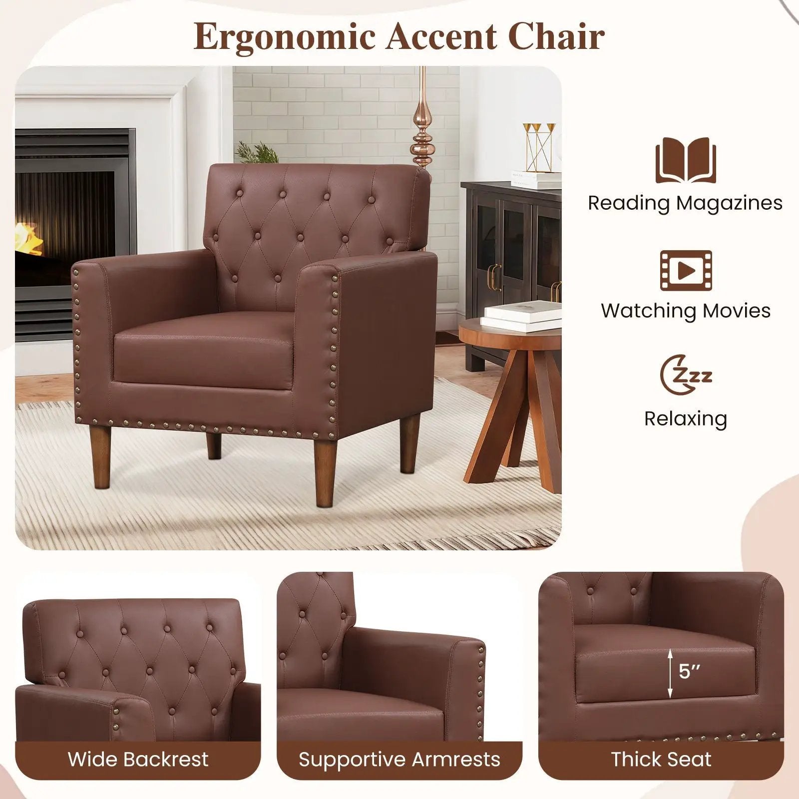 Brown mid-century modern button tufted accent chair with rivet details from Platinum-Level Office Chairs, showcasing stylish upholstery and design.