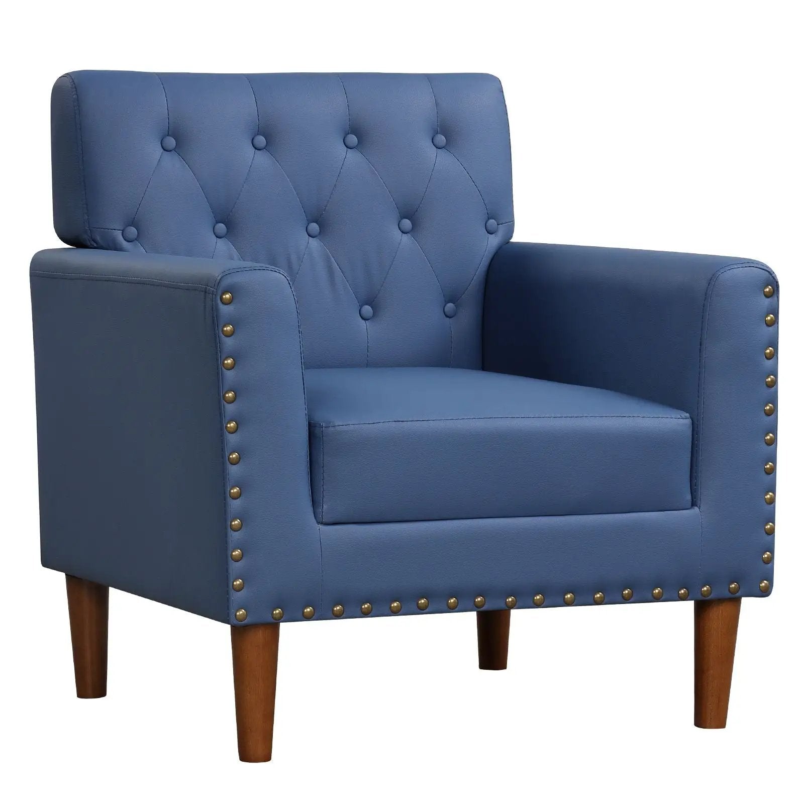 Brown mid-century modern button tufted accent chair with rivet details by Platinum-Level Office Chairs, showcasing stylish upholstery and design.