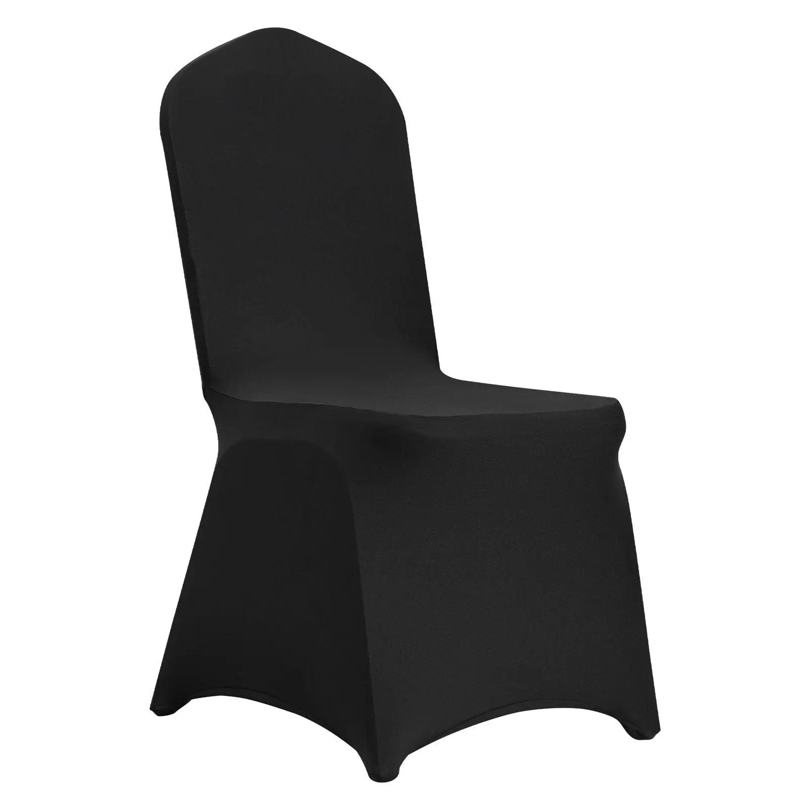 Black spandex folding chair covers by Platinum-Level Office Chairs, set of 50, washable and universal fit for office or event chairs.