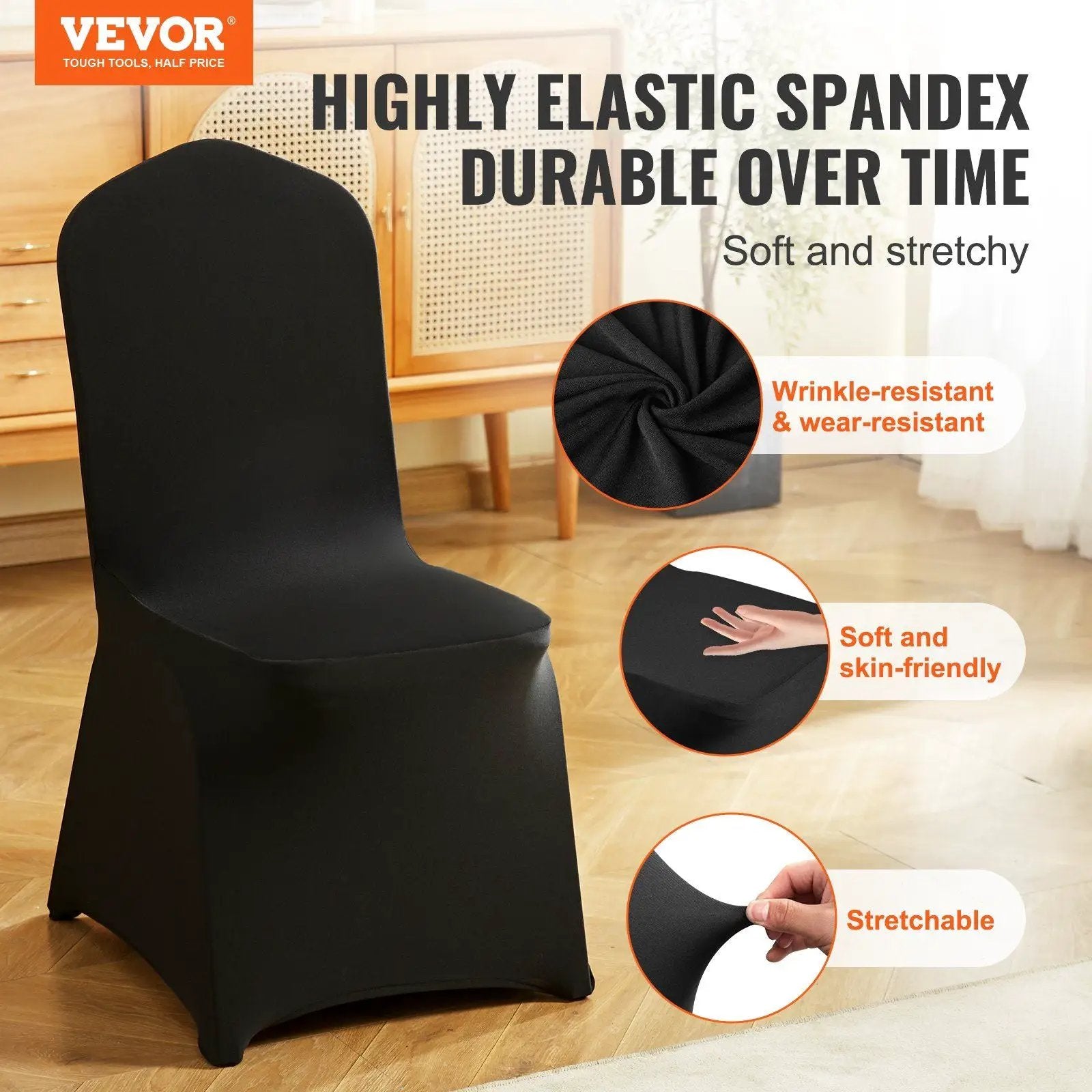 Black spandex folding chair covers by Platinum-Level Office Chairs, set of 50, washable, universal fit for banquet and event chairs.