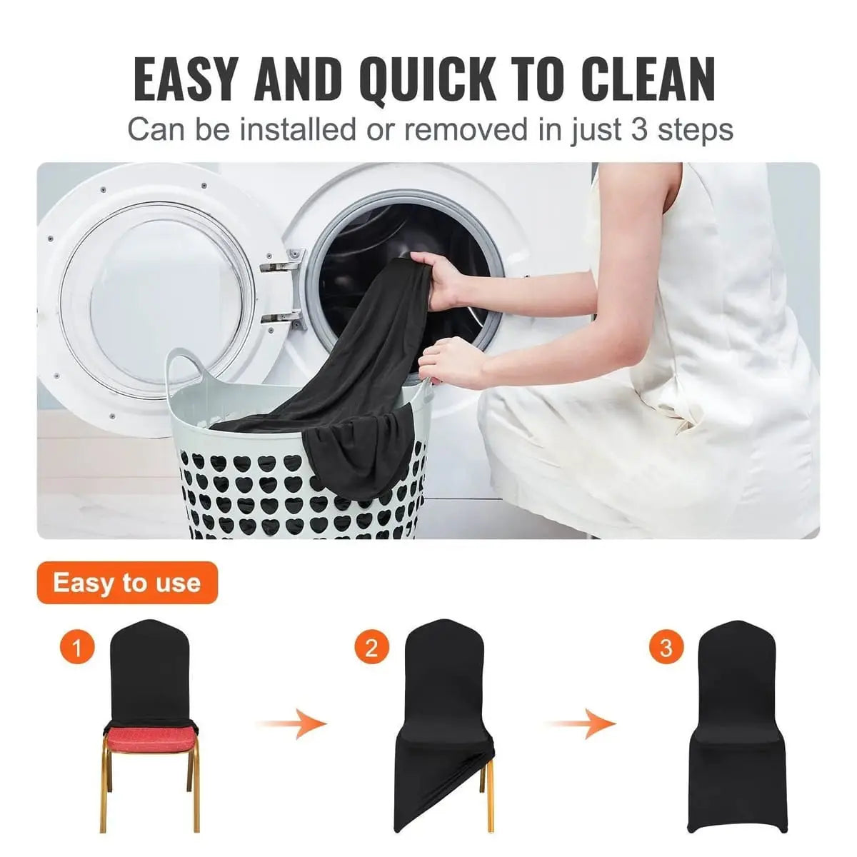 Black spandex folding chair covers by Platinum-Level Office Chairs, 50-pack, washable, universal fit, for office and event chairs.