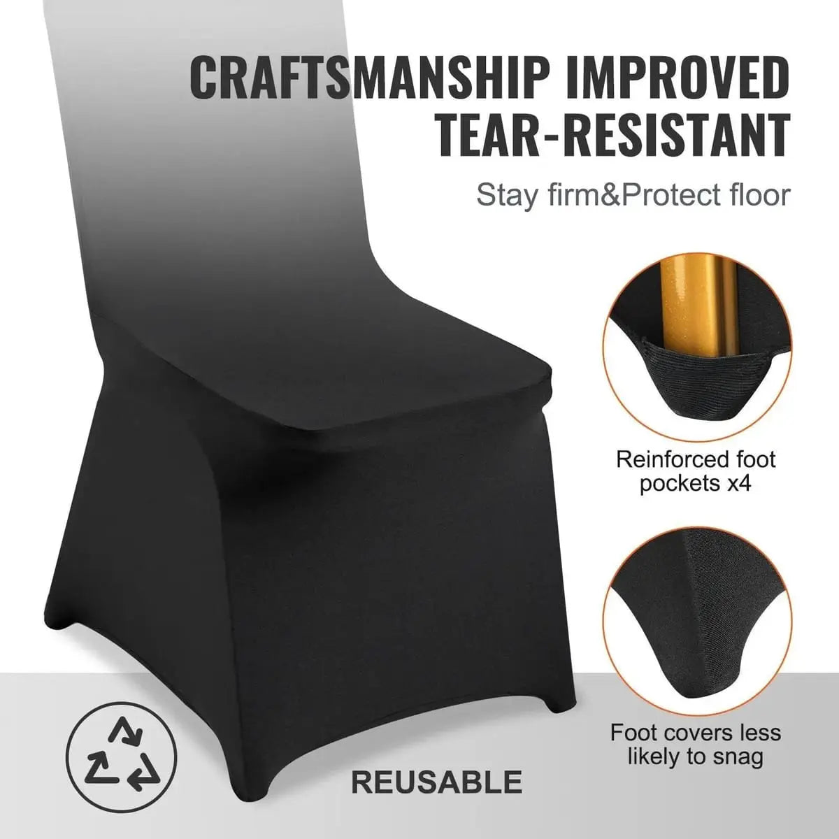 Black spandex folding chair covers by Platinum-Level Office Chairs, 50-pack, washable, universal fit for office or event chairs.