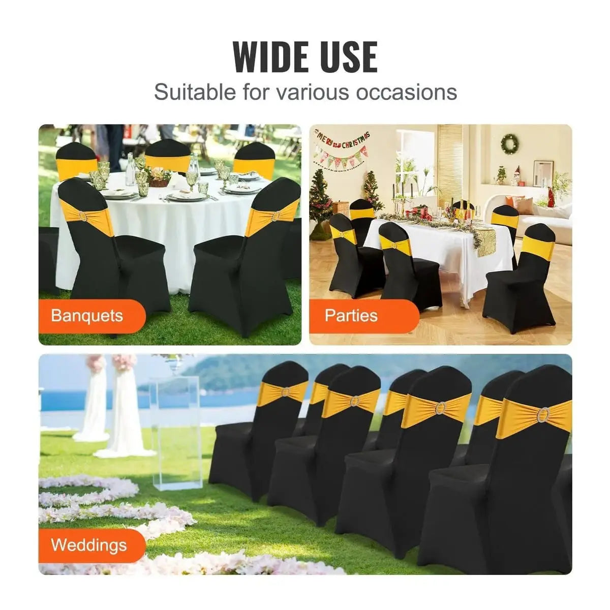 Black spandex folding chair covers by Platinum-Level Office Chairs, universal fit, washable, pack of 50 for versatile event seating.