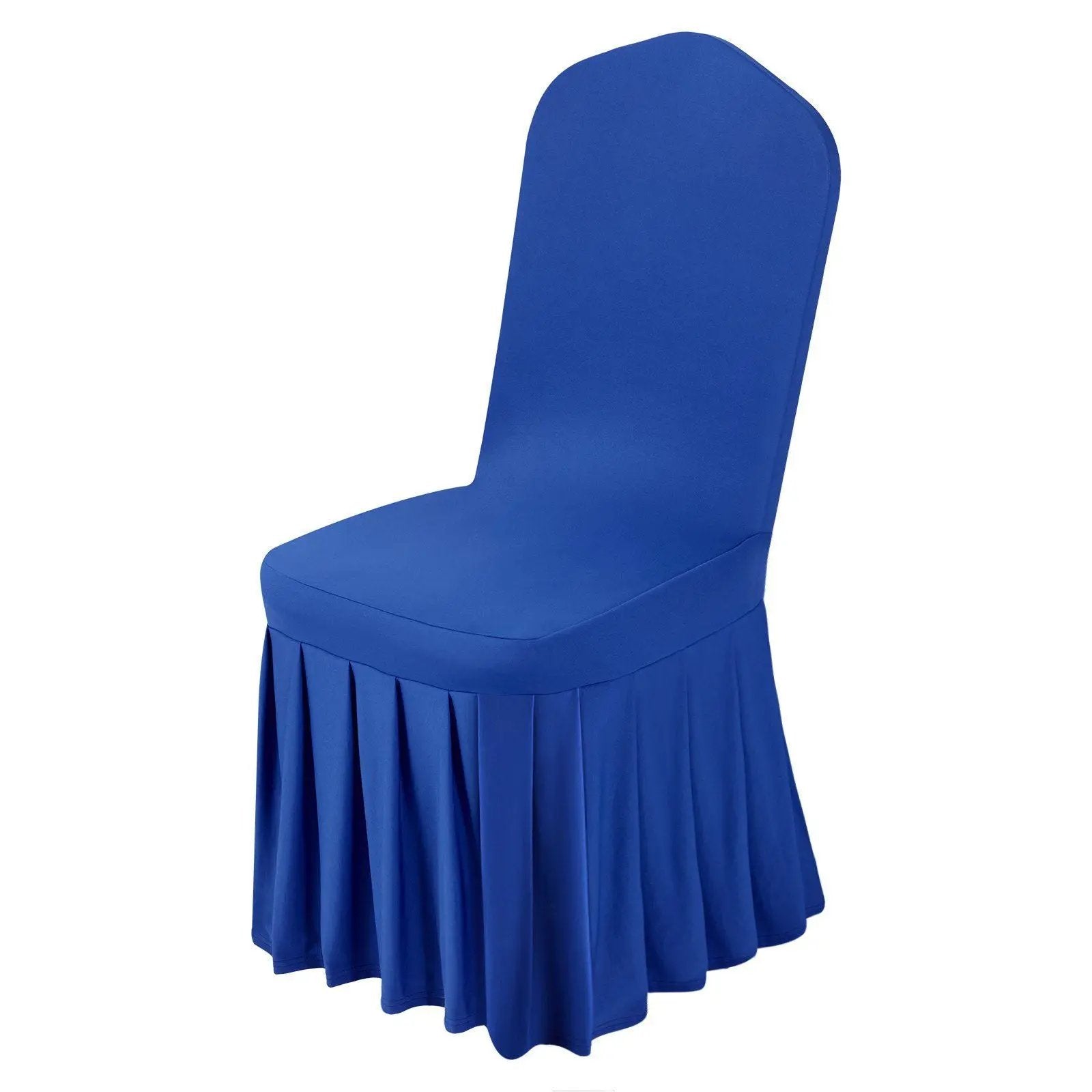 Set of 30 blue spandex stretch chair covers by Platinum-Level Office Chairs, designed for elegant events, fitting standard chairs.