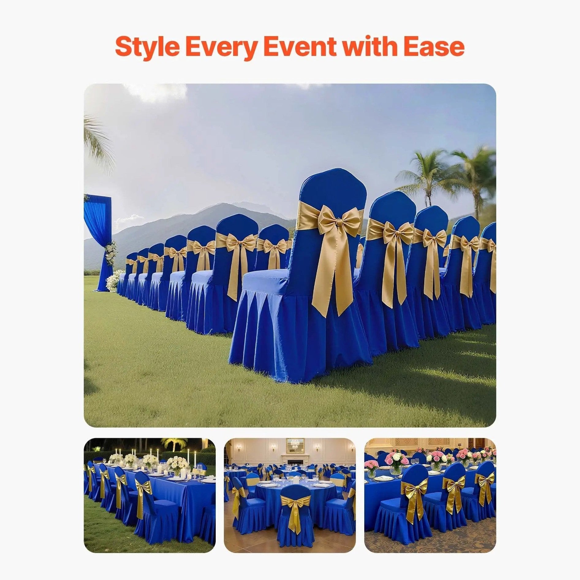 Set of 30 blue spandex stretch chair covers from Platinum-Level Office Chairs, elegant fit for event seating.