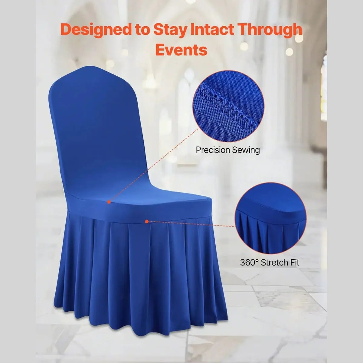 Set of 30 blue spandex stretch chair covers from Platinum-Level Office Chairs, designed for elegant events and smooth fitting.