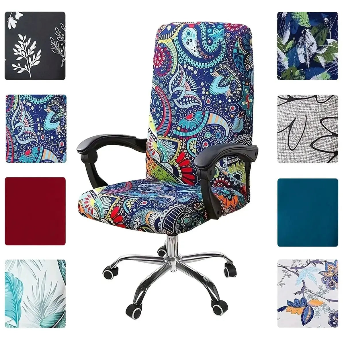 Stretchable floral office chair cover by Platinum-Level Office Chairs, universal fit, designed for home and office use.