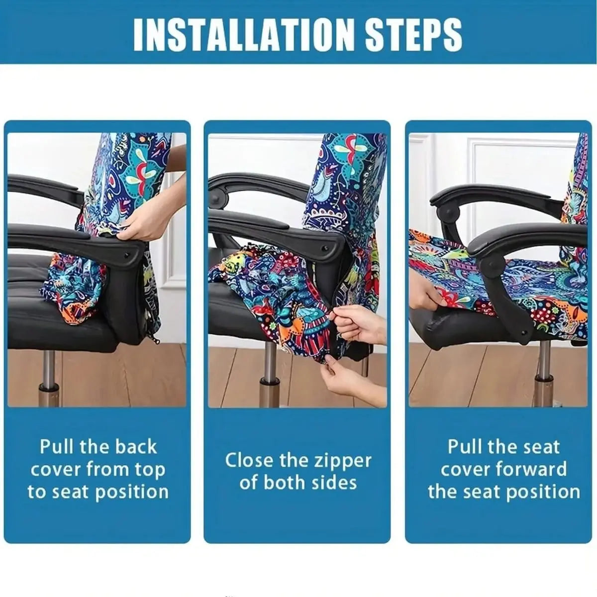 Stretchable floral office chair cover by Platinum-Level Office Chairs, universal fit, designed for home and office use.