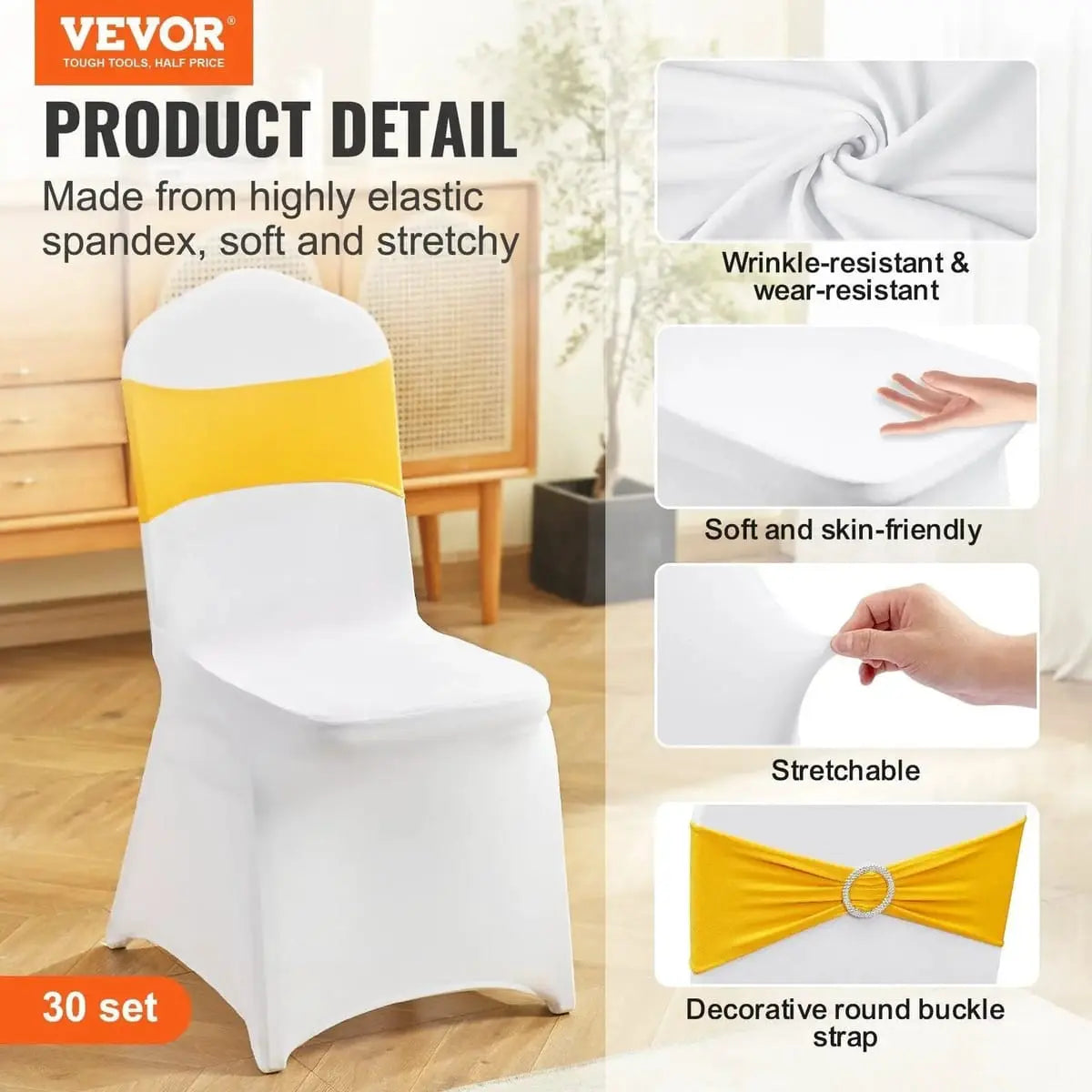 Set of 30 white washable folding chair covers with gold sashes by Platinum-Level Office Chairs, designed for elegant event seating.