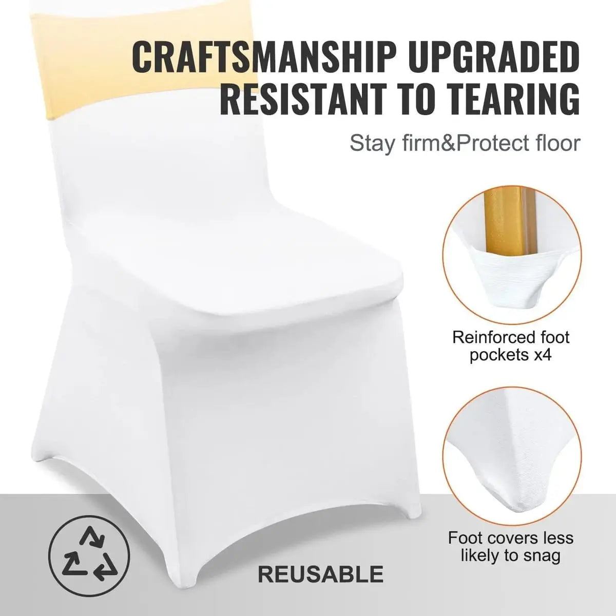 Set of 30 washable white folding chair covers with gold sashes from Platinum-Level Office Chairs, perfect for events and décor.