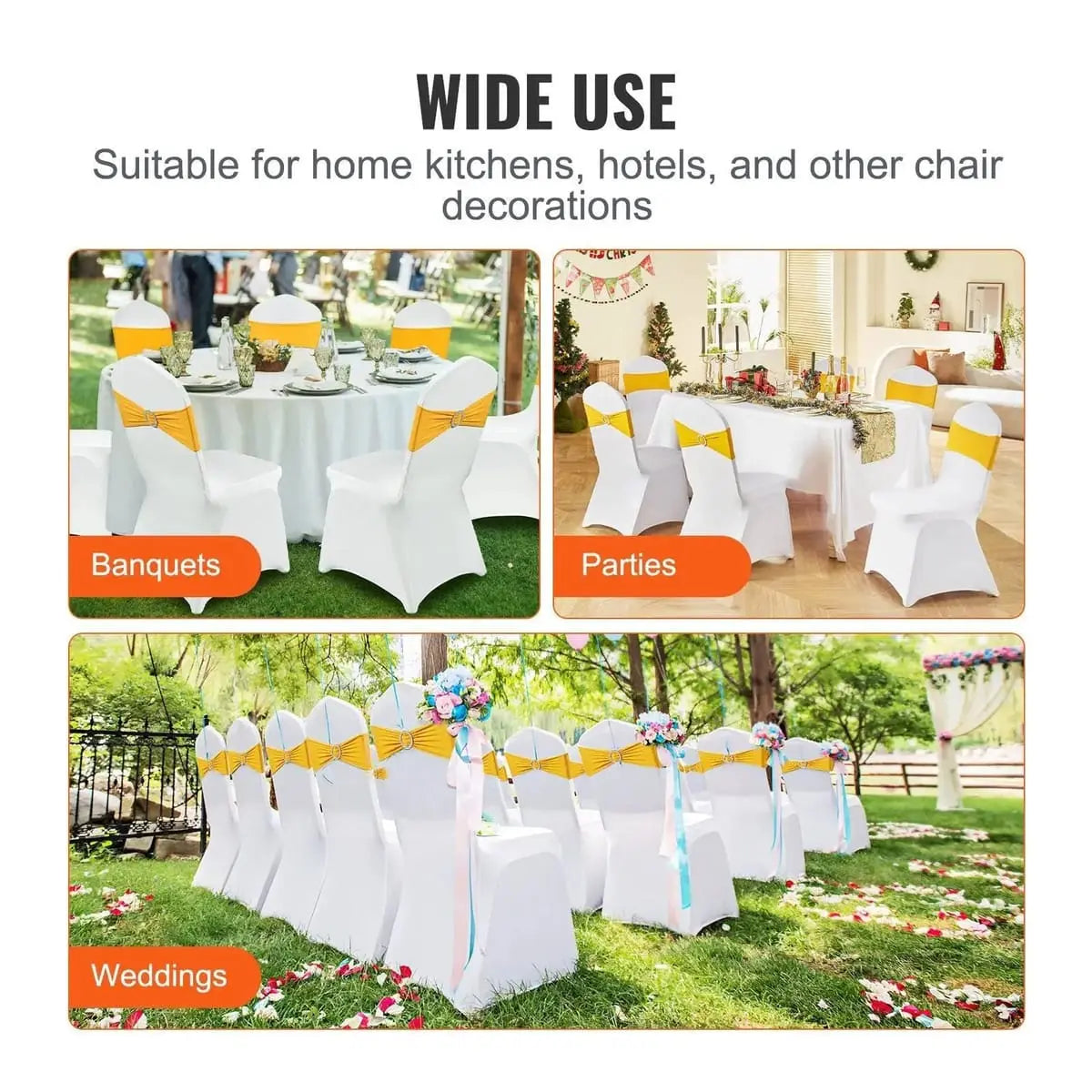 Set of 30 white washable folding chair covers with gold sashes by Platinum-Level Office Chairs, designed to fit standard chairs.