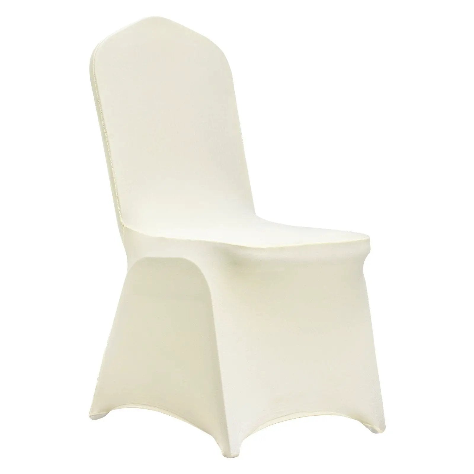 Ivory white stretch spandex folding chair covers from Platinum-Level Office Chairs, durable and fitted for 100 chairs.