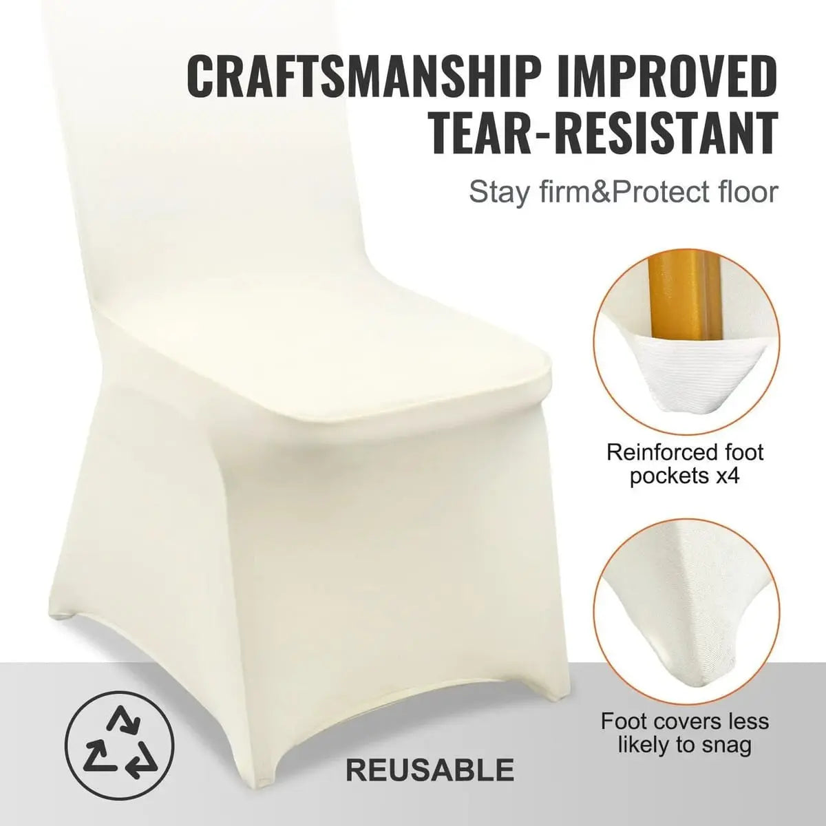 Set of 100 ivory white stretch spandex folding chair covers by Platinum-Level Office Chairs, durable and perfect for events.