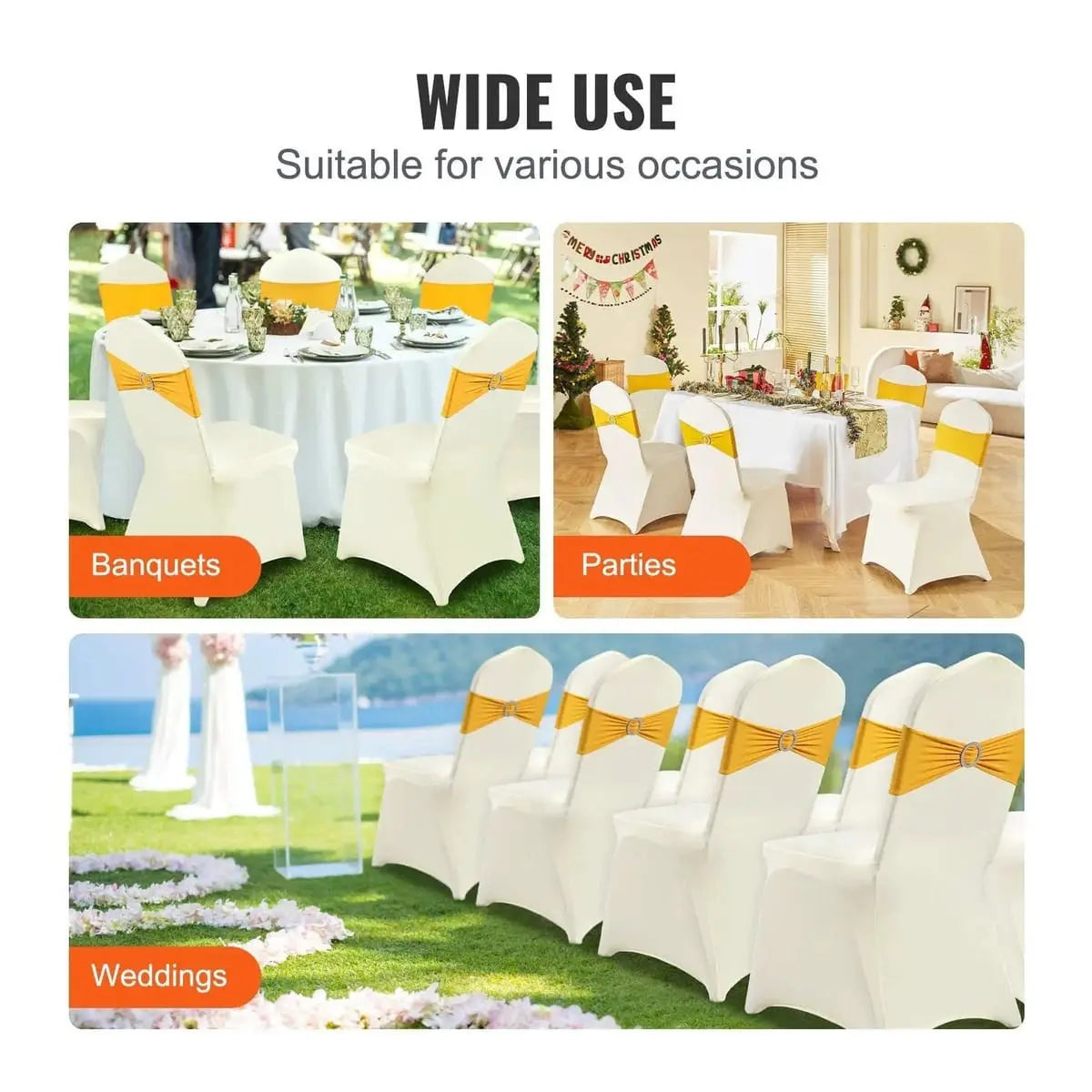 Set of 100 ivory white stretch spandex folding chair covers by Platinum-Level Office Chairs, durable and easy to fit.