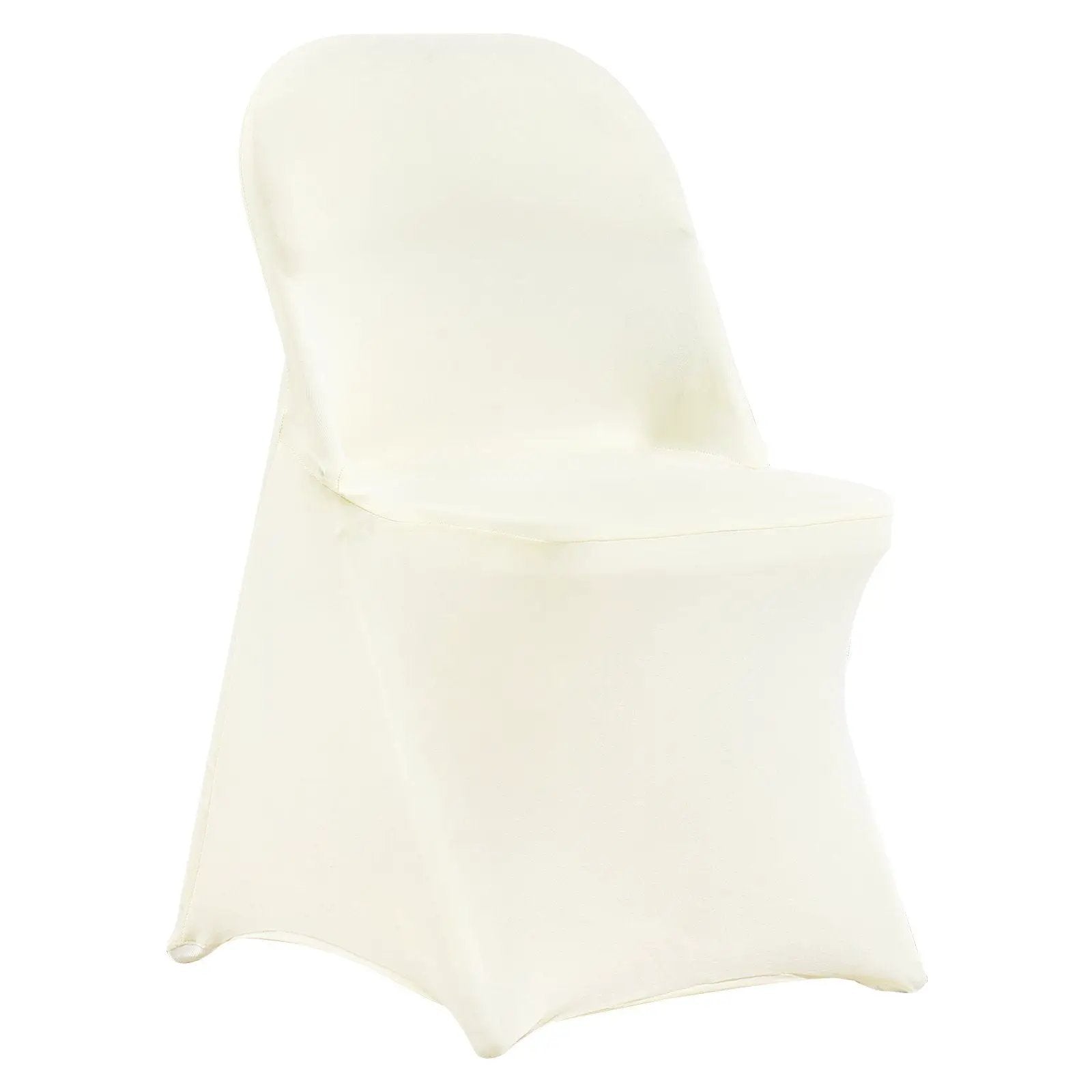 Set of 30 ivory white stretch spandex folding chair covers by Platinum-Level Office Chairs, designed for hosting events.