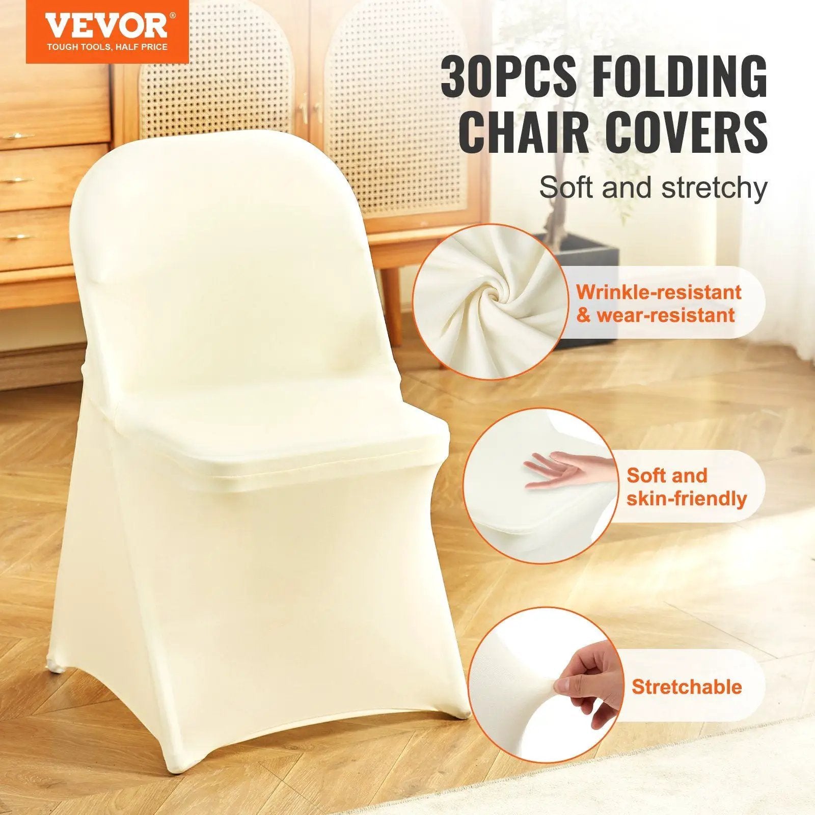 Ivory white stretch spandex folding chair covers by Platinum-Level Office Chairs, set of 30, designed for hosting events.