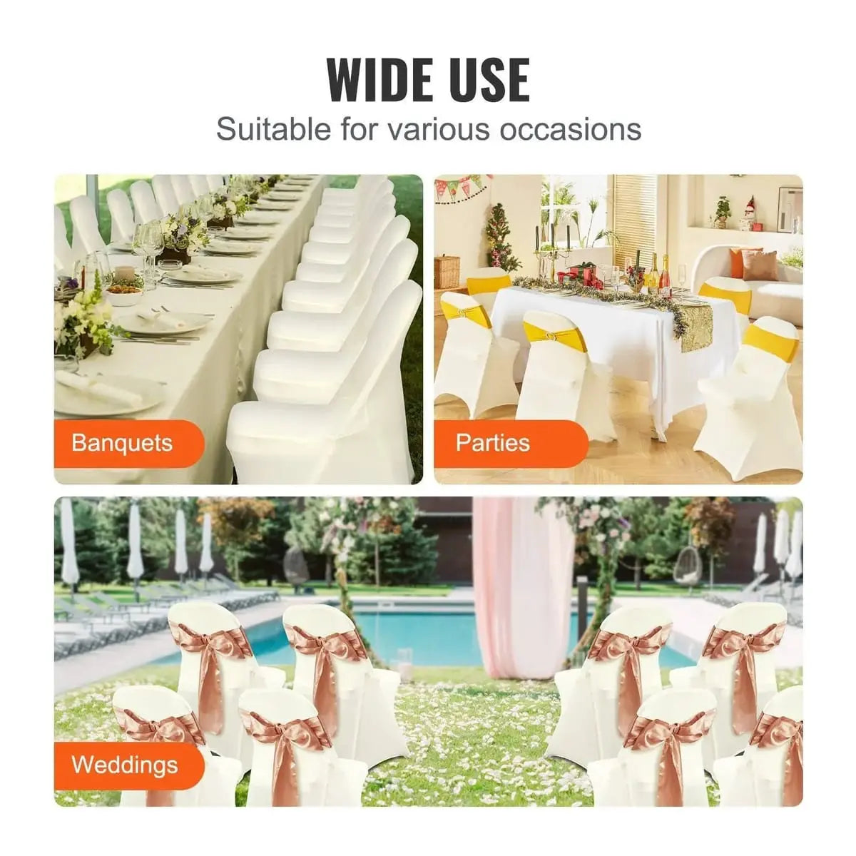 Ivory white stretch spandex folding chair covers by Platinum-Level Office Chairs, set of 30, for hosting and events.