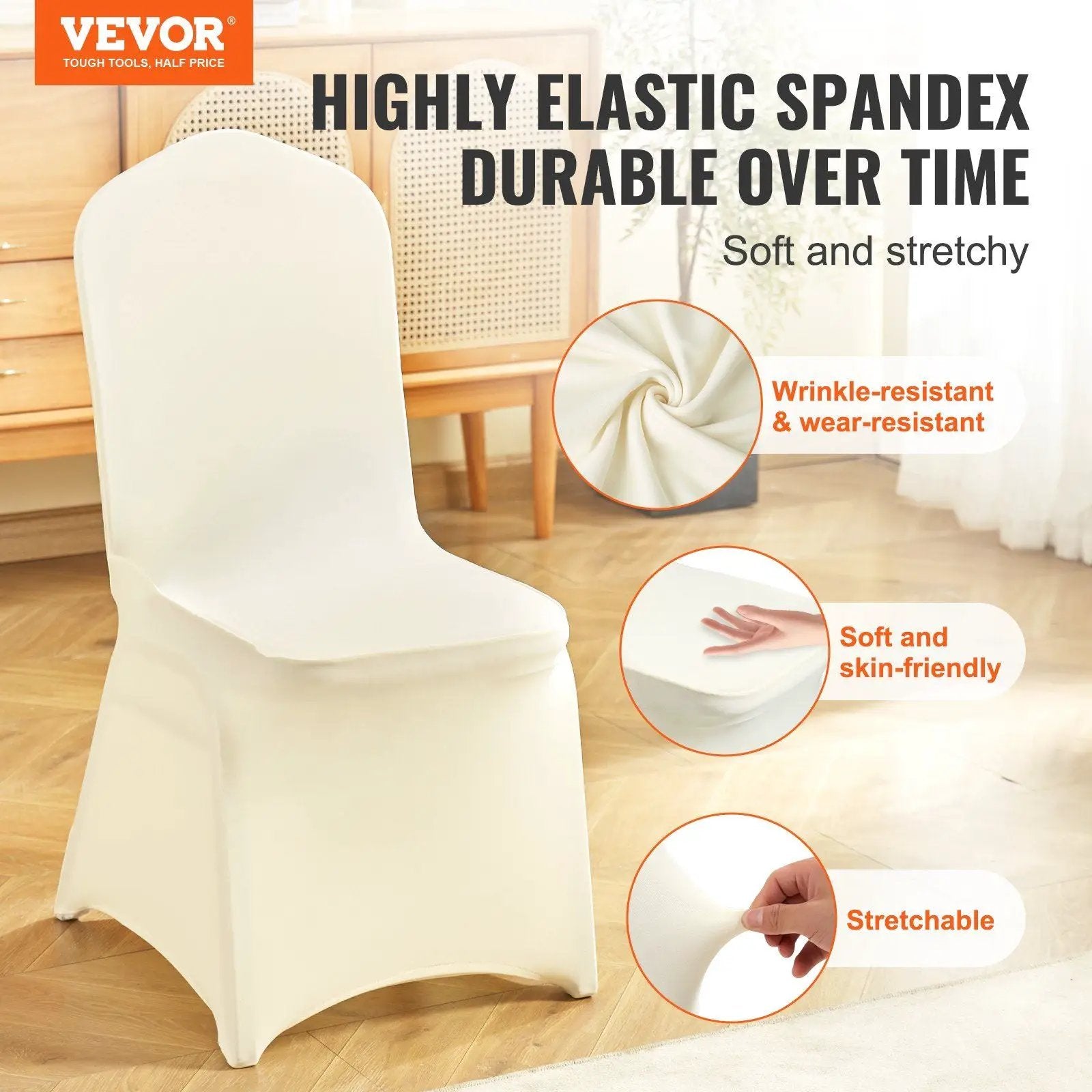 Set of 50 Ivory White stretch spandex folding chair covers by Platinum-Level Office Chairs, designed to fit folding chairs.