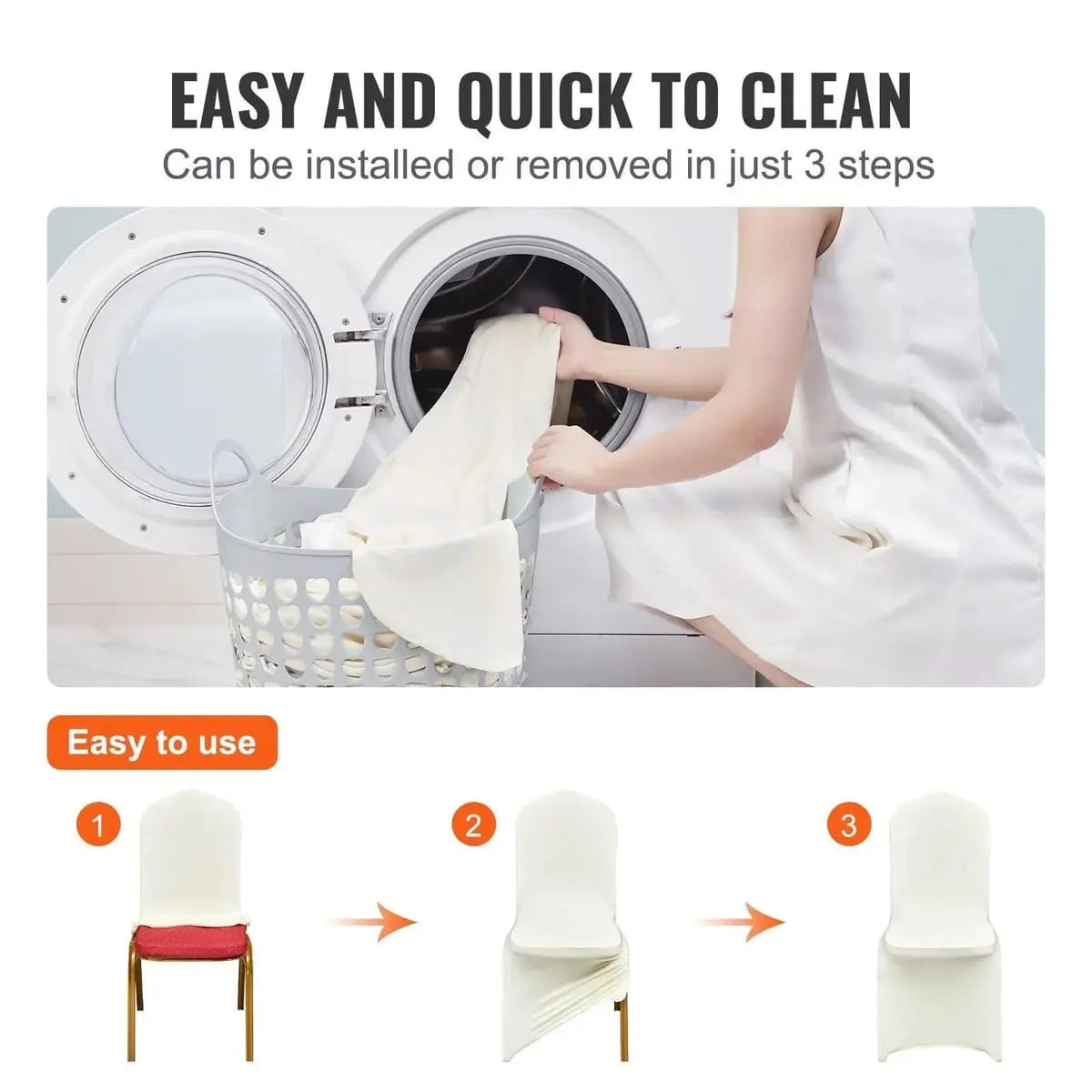 Set of 50 Ivory White Stretch Spandex Folding Chair Covers by Platinum-Level Office Chairs, fitted over chairs for a sleek look.