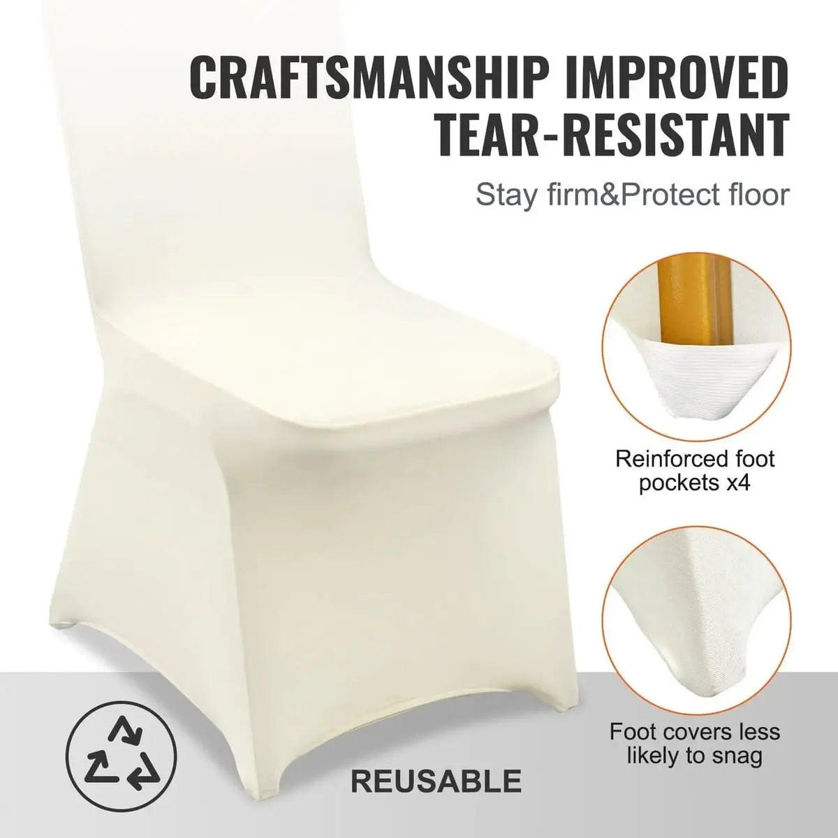 Set of 50 ivory white stretch spandex chair covers for folding chairs, designed by Platinum-Level Office Chairs.