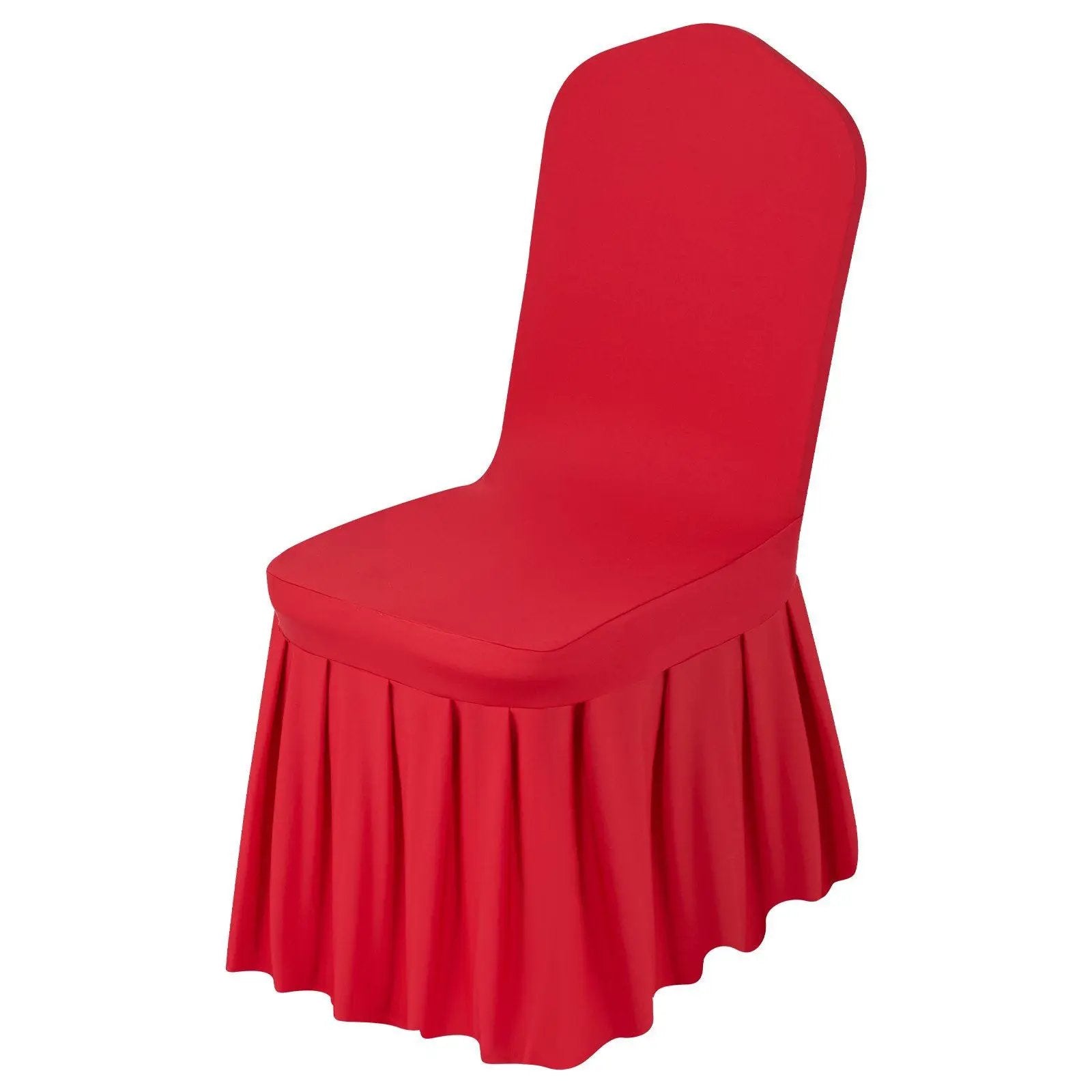 Set of 30 red stretch-fit chair covers by Platinum-Level Office Chairs for elegant event decor, fitted for various chair sizes.