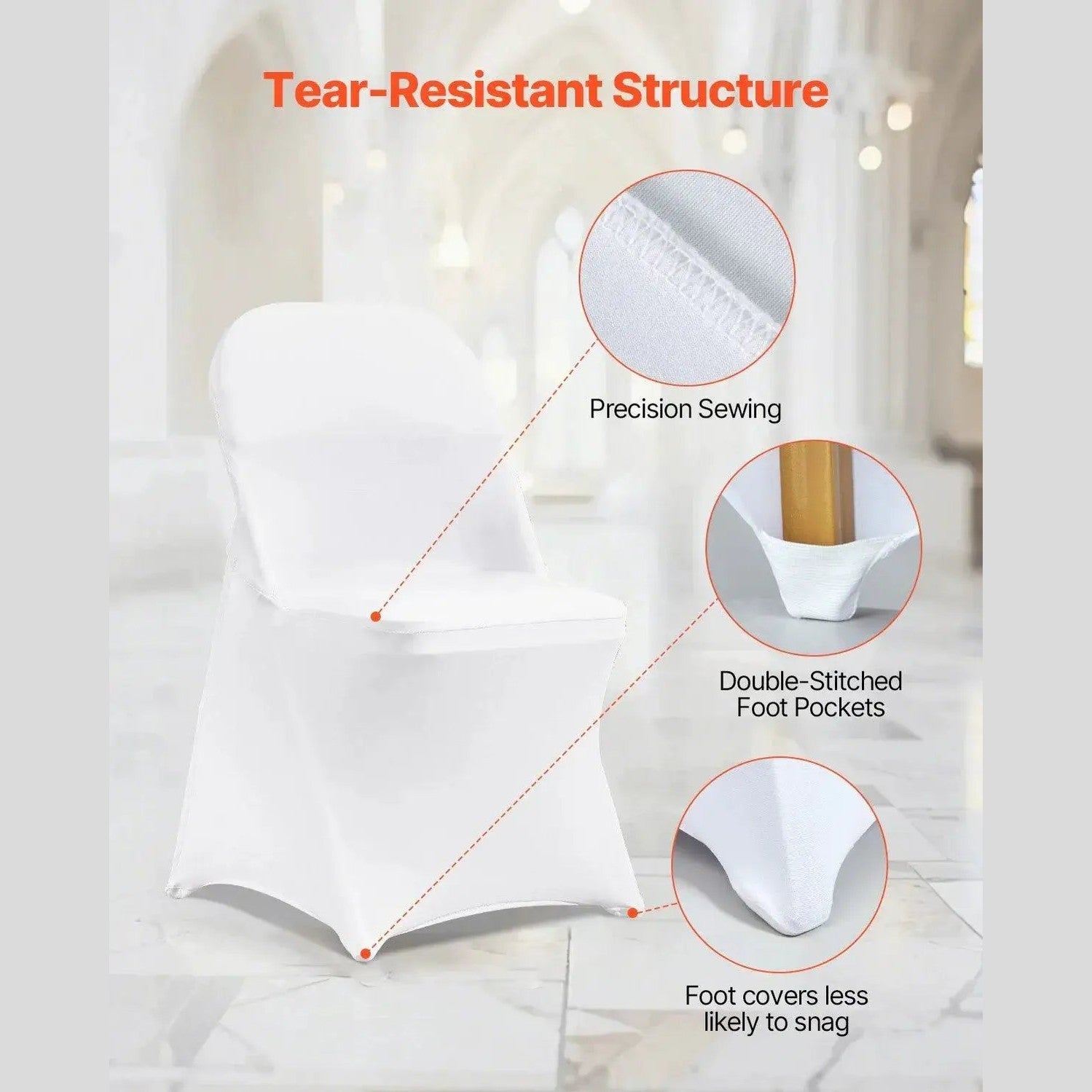 White stretch spandex chair covers set for weddings, designed for elegant Platinum-Level Office Chairs, includes 12 pieces.