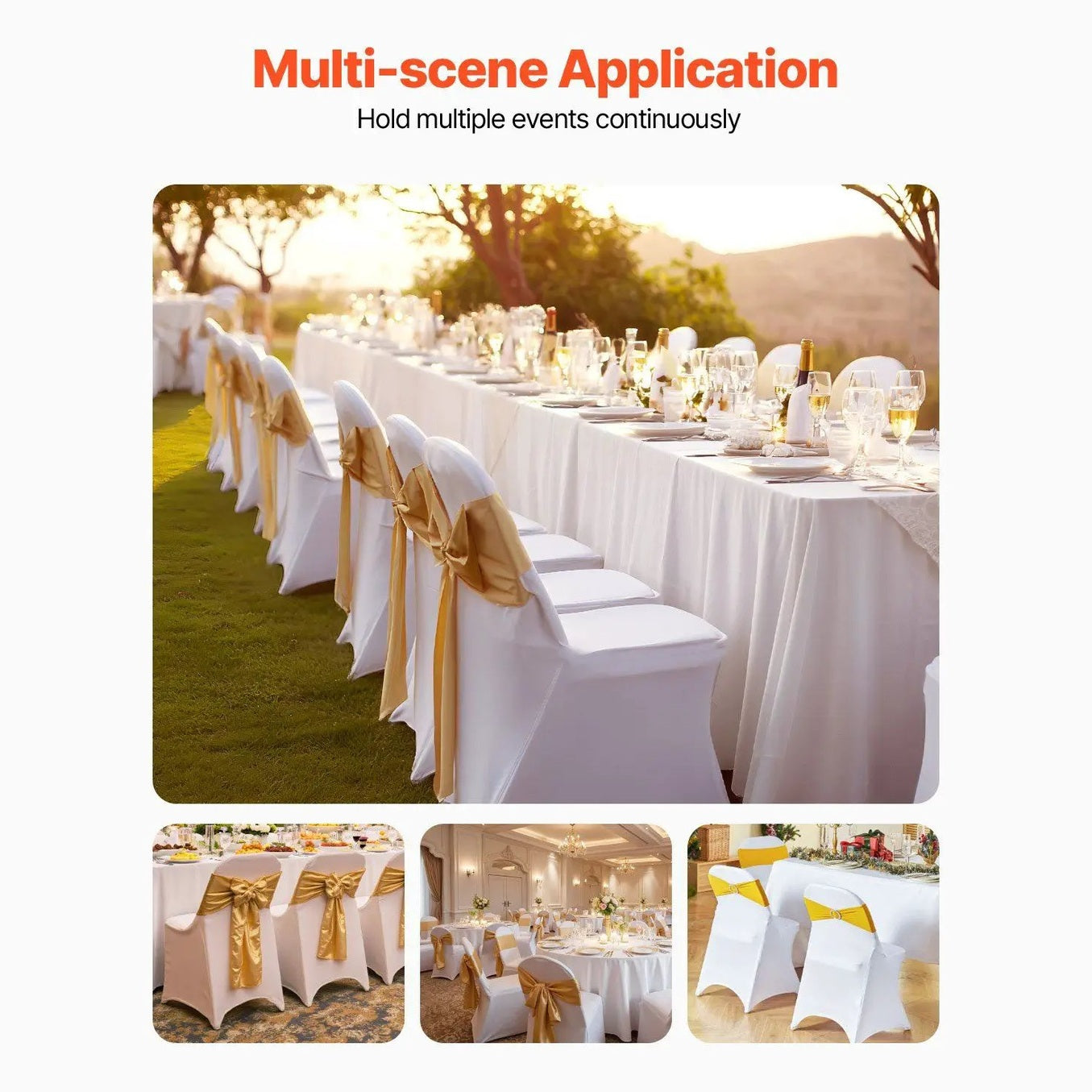 Set of 30 white stretch chair covers for folding chairs by Platinum-Level Office Chairs, made of spandex fabric.