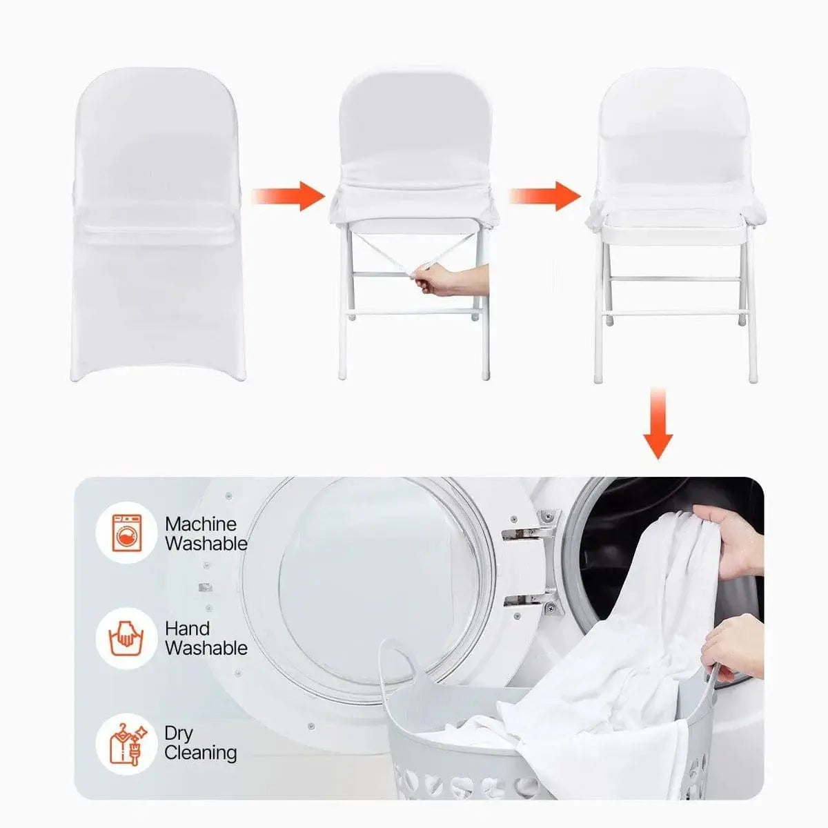 Set of 30 white stretch spandex chair covers for folding chairs by Platinum-Level Office Chairs, designed for a sleek fit.