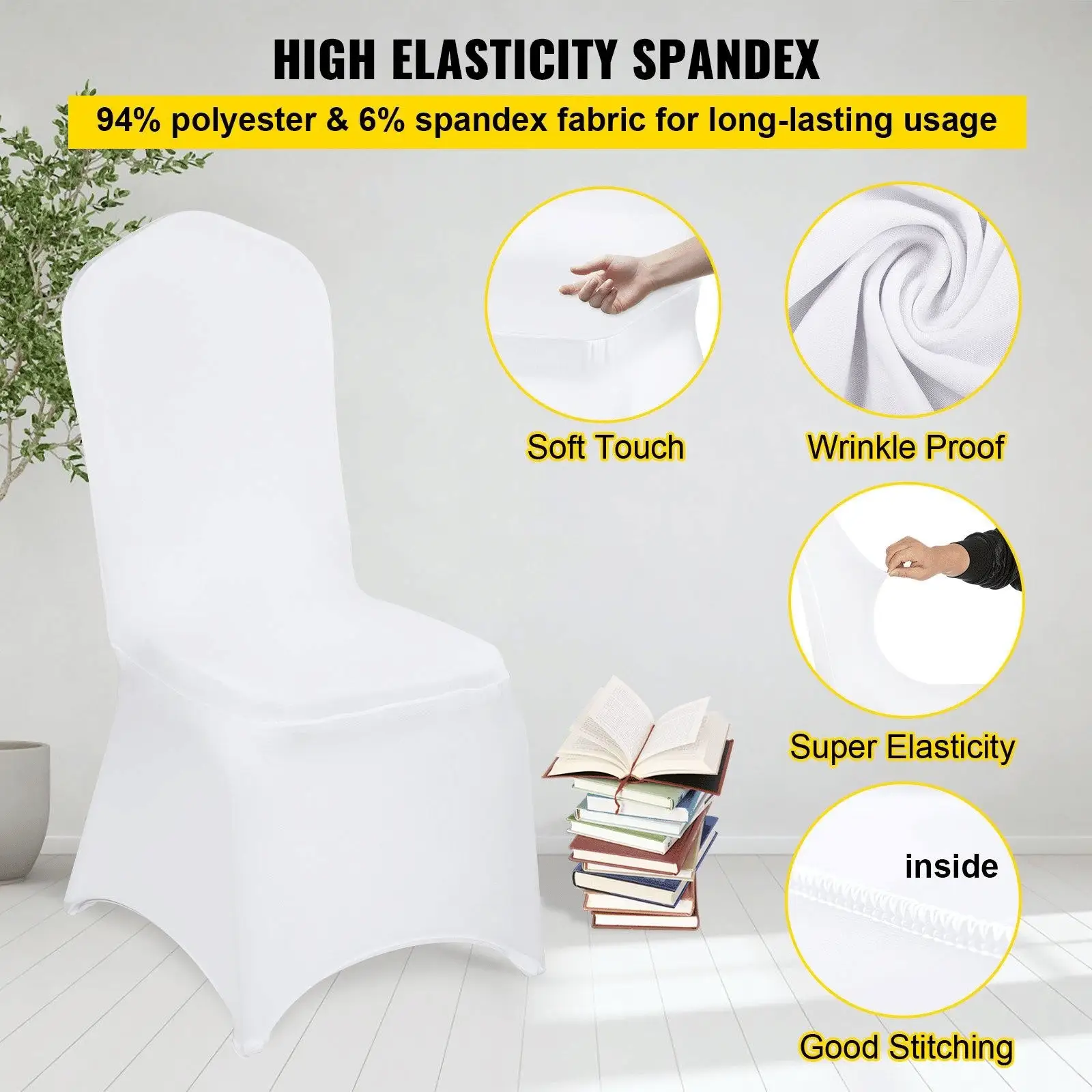 White premium stretch folding chair covers by Platinum-Level Office Chairs, 100-pack, made of spandex for easy fit and elegant look.