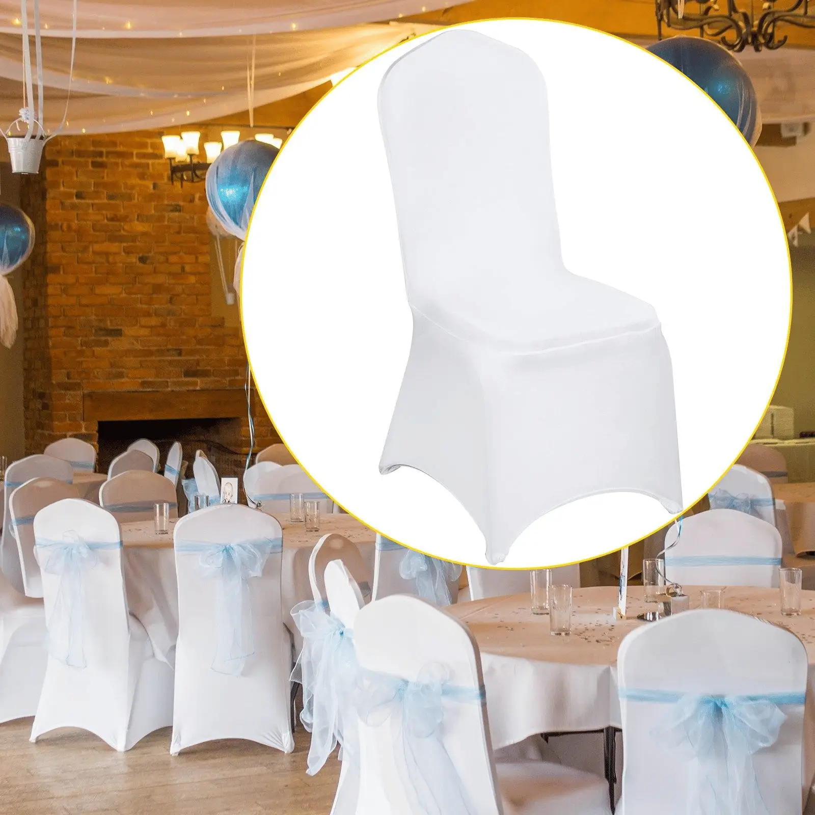Set of 100 white spandex folding chair covers from Platinum-Level Office Chairs, easy-fit stretch fabric for a sleek look.