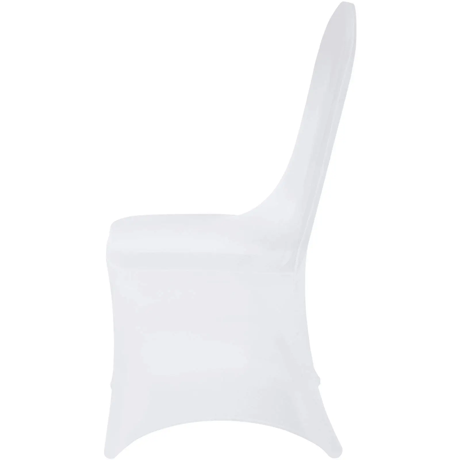 Set of 100 white stretch spandex chair covers from Platinum-Level Office Chairs, designed for easy fit on folding chairs.