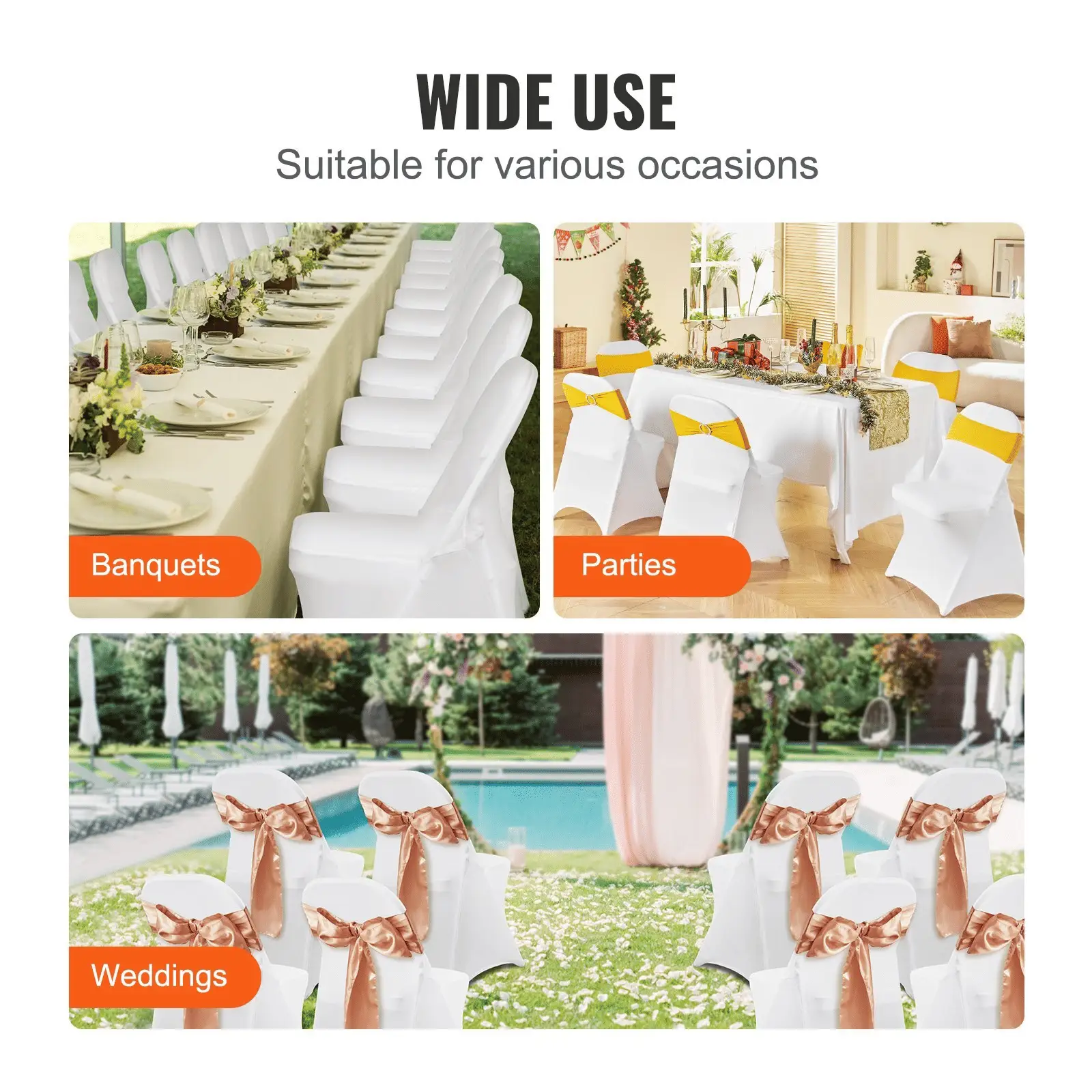 White stretch chair covers by Platinum-Level Office Chairs, universal fit, 50-pack, ideal for elegant wedding decor.