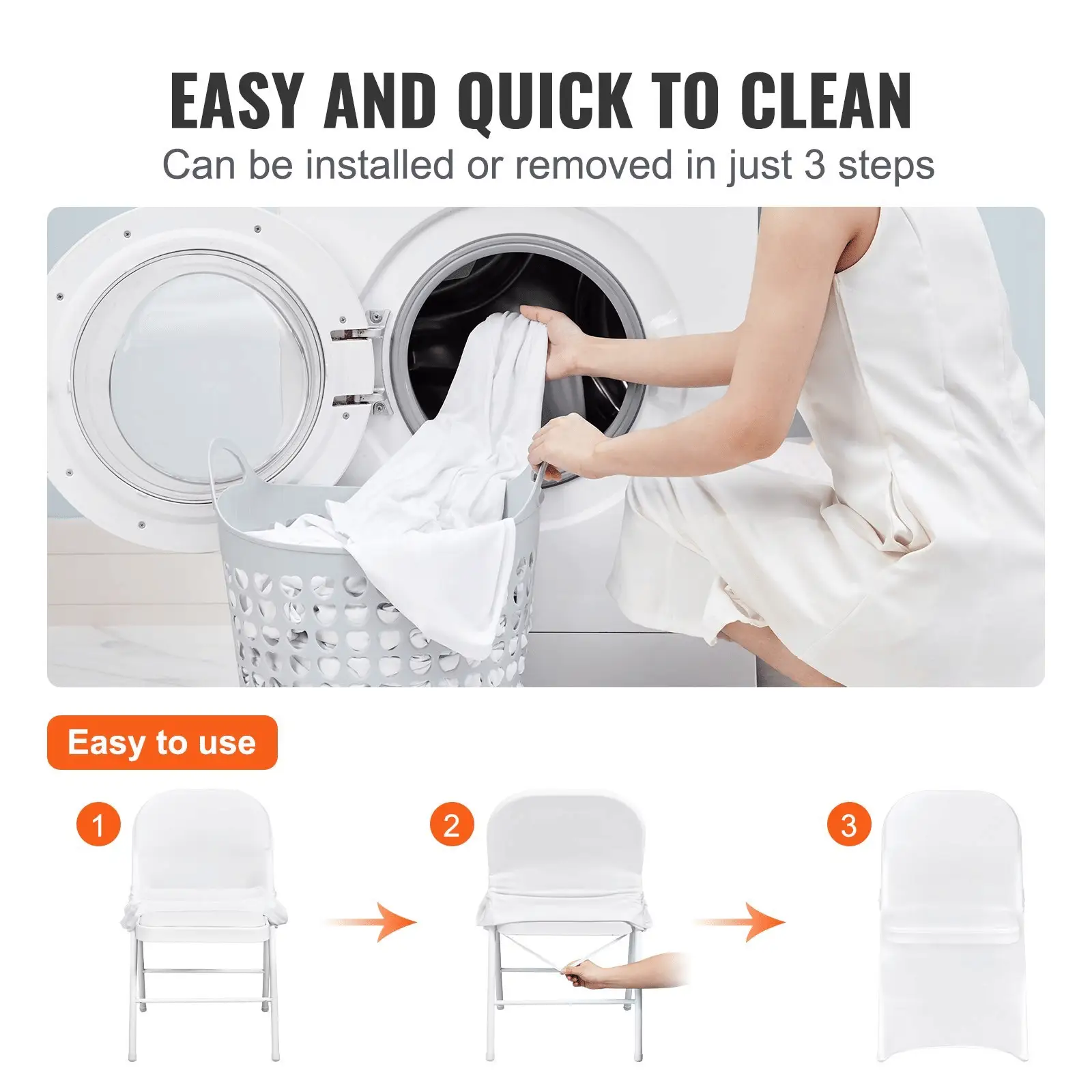 White stretch chair covers by Platinum-Level Office Chairs, universal fit for elegant weddings, shown on banquet chairs in a decorated event setting.