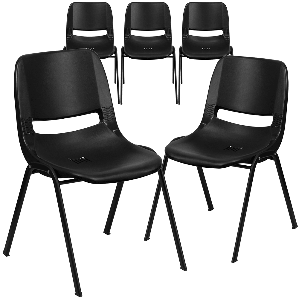 5 Pack HERCULES Series 880 lb. Capacity Black Ergonomic Shell Stack Chair - Platinum-Level Office Chairs