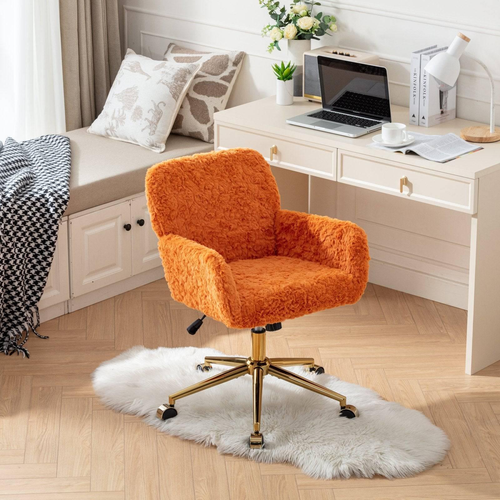 A&A Furniture Adjustable Swivel Office Chair with Golden Base, Plush Orange Upholstered Vanity Chair - Platinum-Level Office Chairs