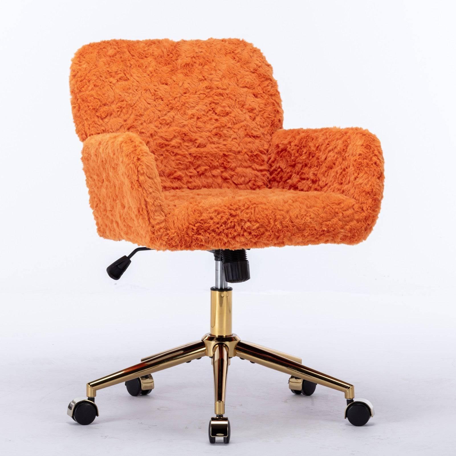A&A Furniture Adjustable Swivel Office Chair with Golden Base, Plush Orange Upholstered Vanity Chair - Platinum-Level Office Chairs