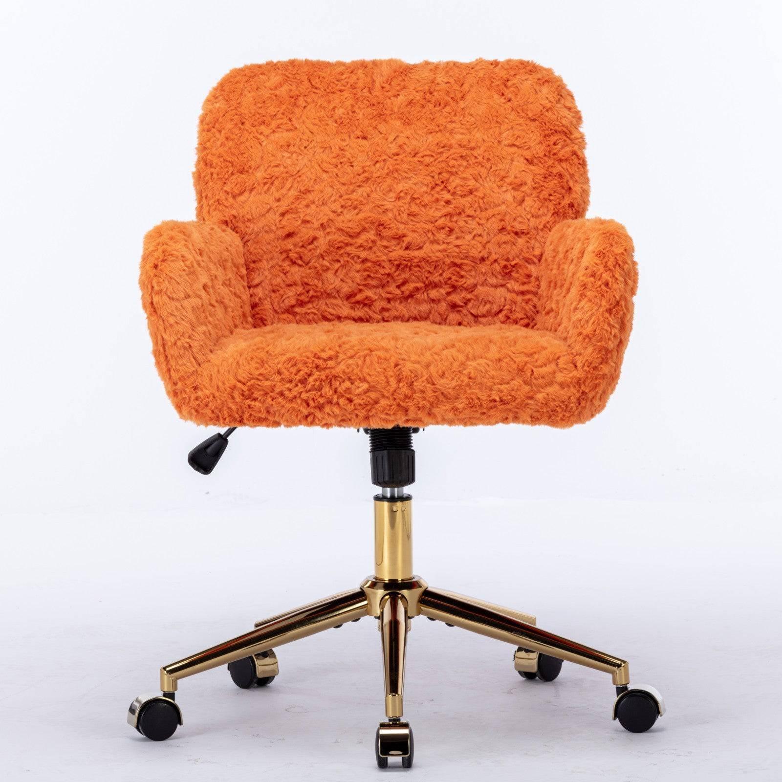 A&A Furniture Adjustable Swivel Office Chair with Golden Base, Plush Orange Upholstered Vanity Chair - Platinum-Level Office Chairs