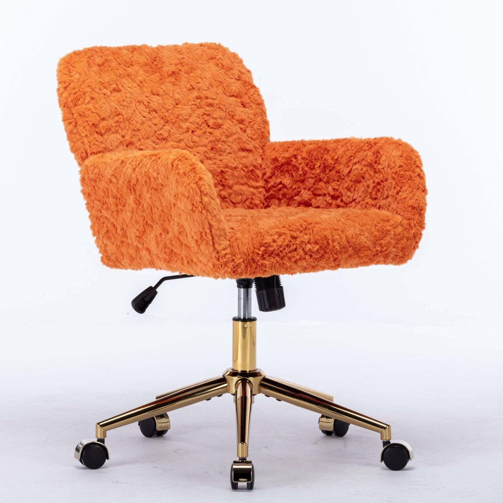 A&A Furniture Adjustable Swivel Office Chair with Golden Base, Plush Orange Upholstered Vanity Chair - Platinum-Level Office Chairs