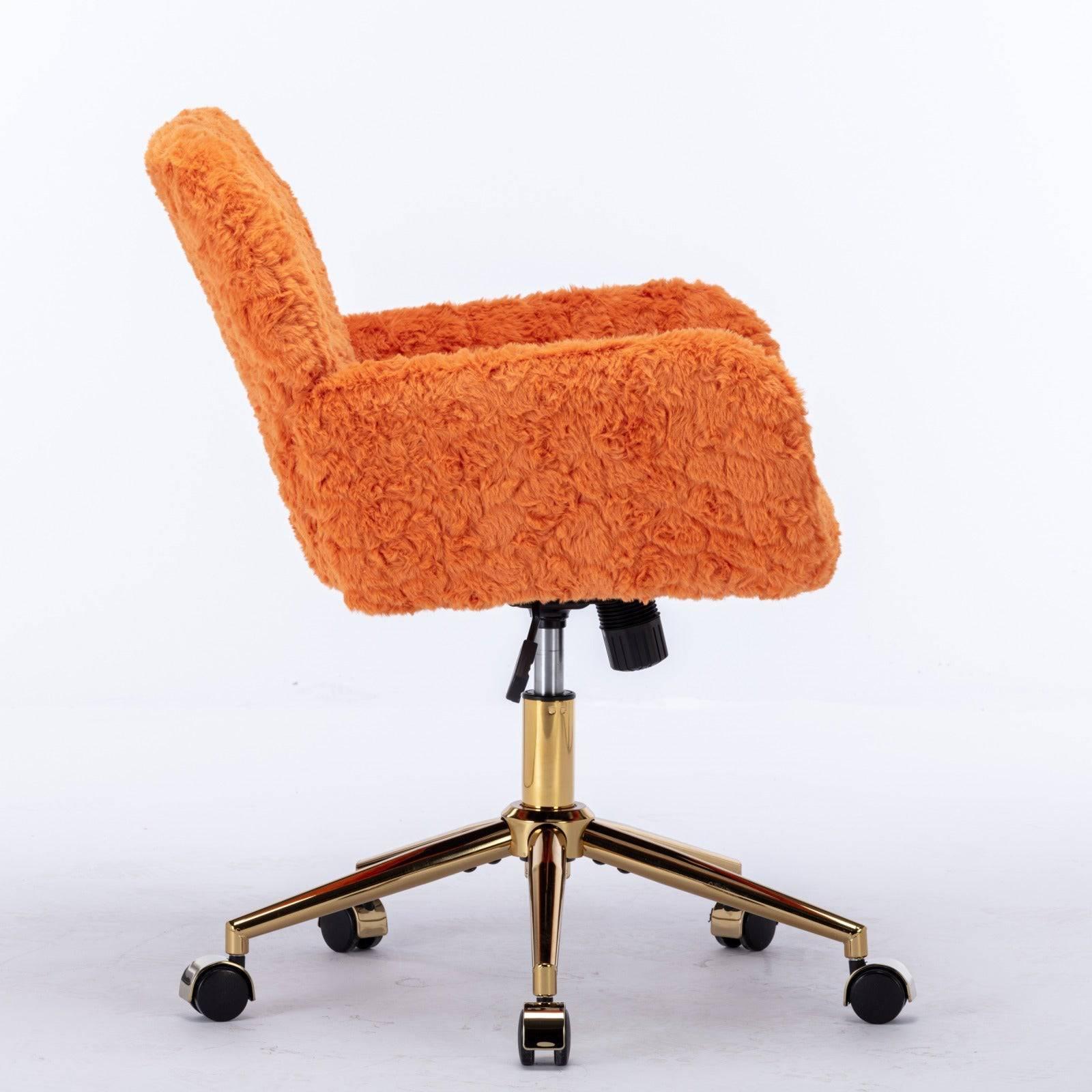 A&A Furniture Adjustable Swivel Office Chair with Golden Base, Plush Orange Upholstered Vanity Chair - Platinum-Level Office Chairs