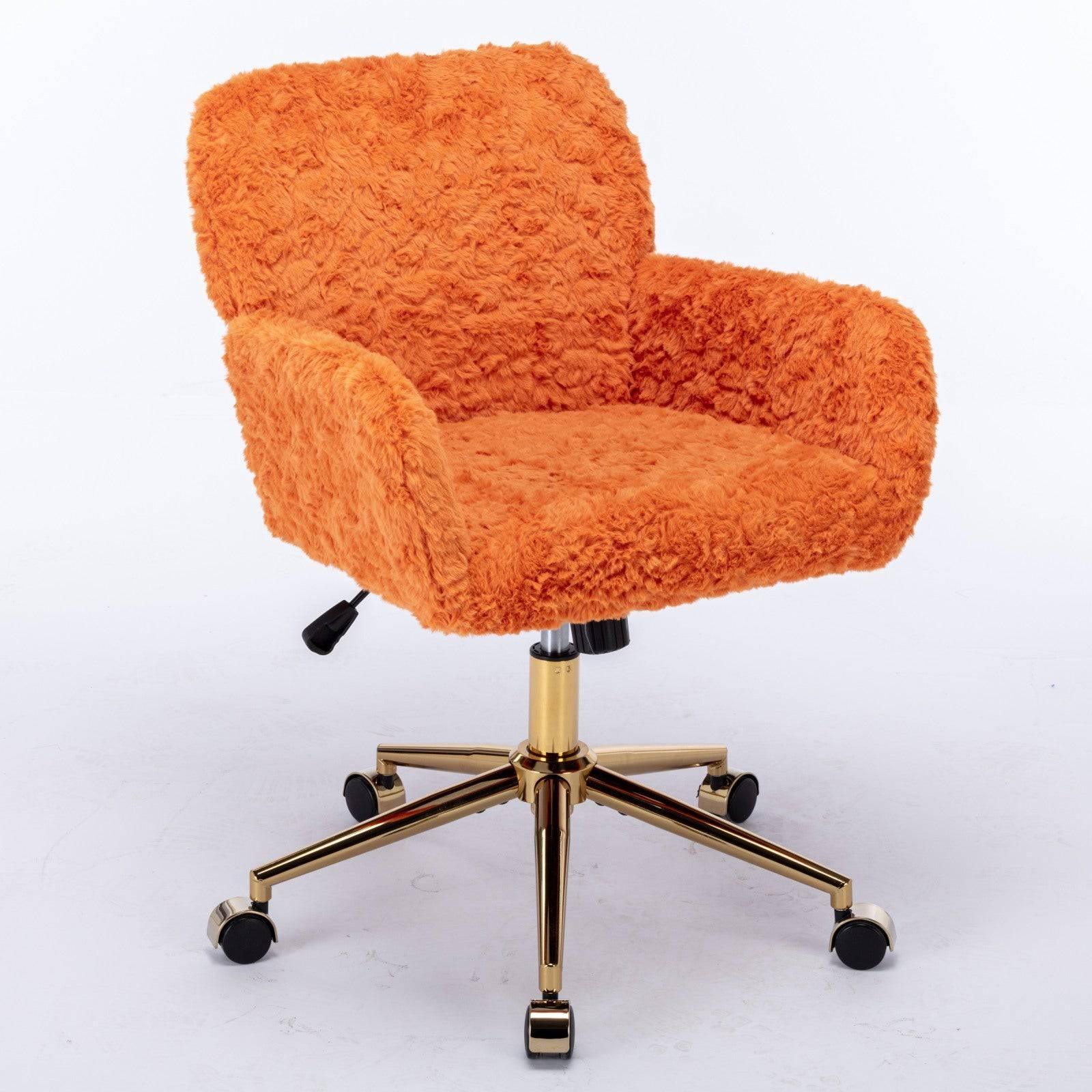 A&A Furniture Adjustable Swivel Office Chair with Golden Base, Plush Orange Upholstered Vanity Chair - Platinum-Level Office Chairs