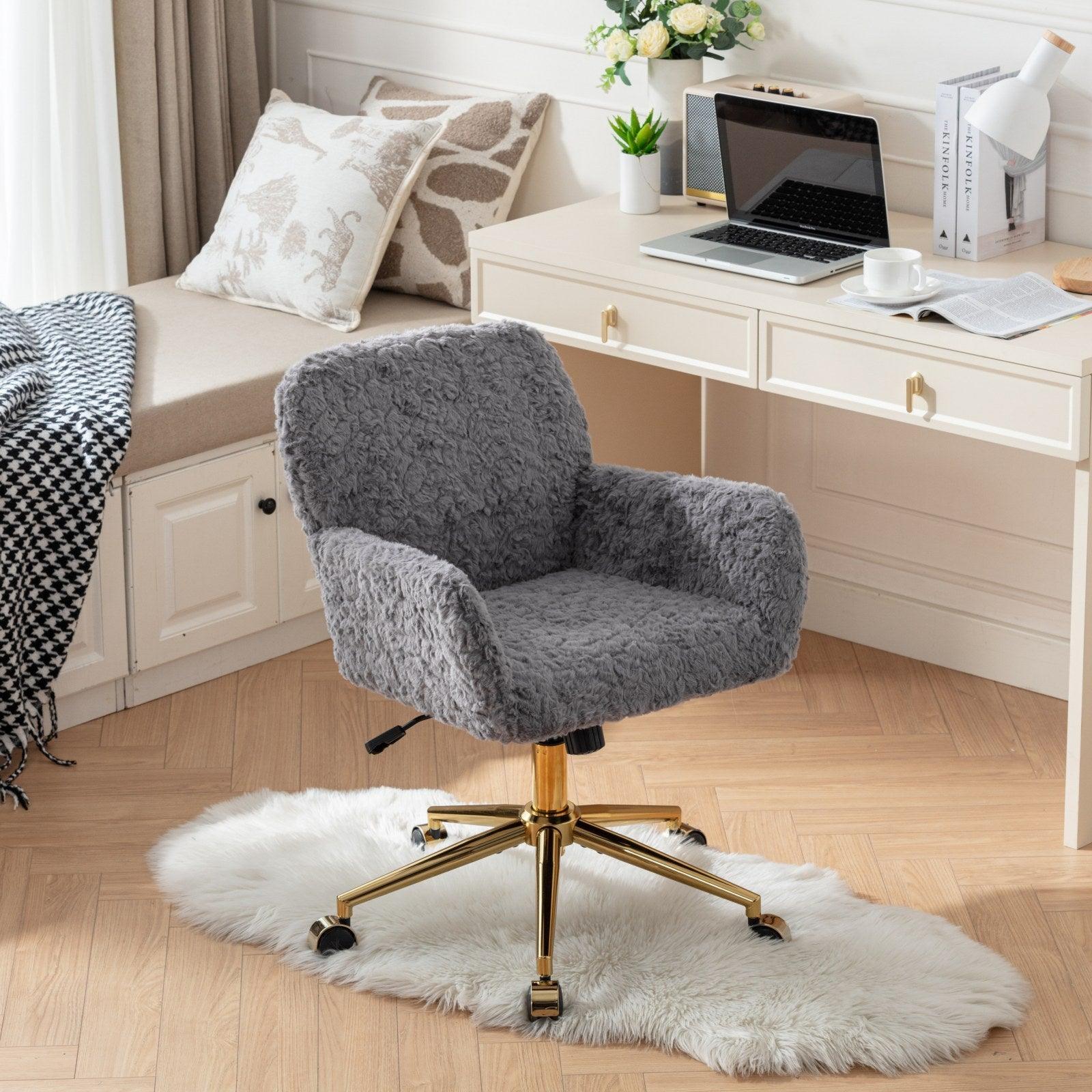 A&A Furniture Office Chair,Artificial rabbit hair Home Office Chair with Golden Metal Base,Adjustable Desk Chair Swivel Office Chair,Vanity Chair(Gray) - Platinum-Level Office Chairs