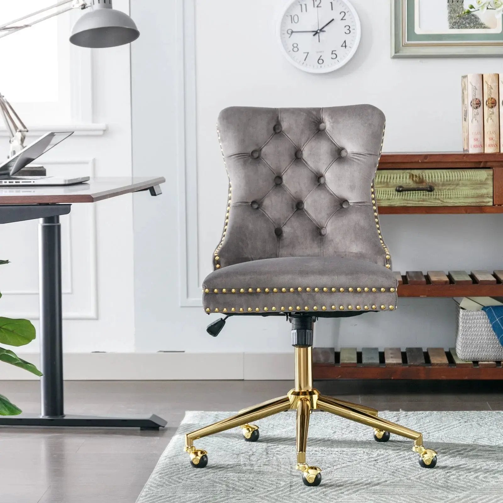 Gray velvet tufted executive office chair with ergonomic foam seat and gold metal base by Platinum-Level Office Chairs