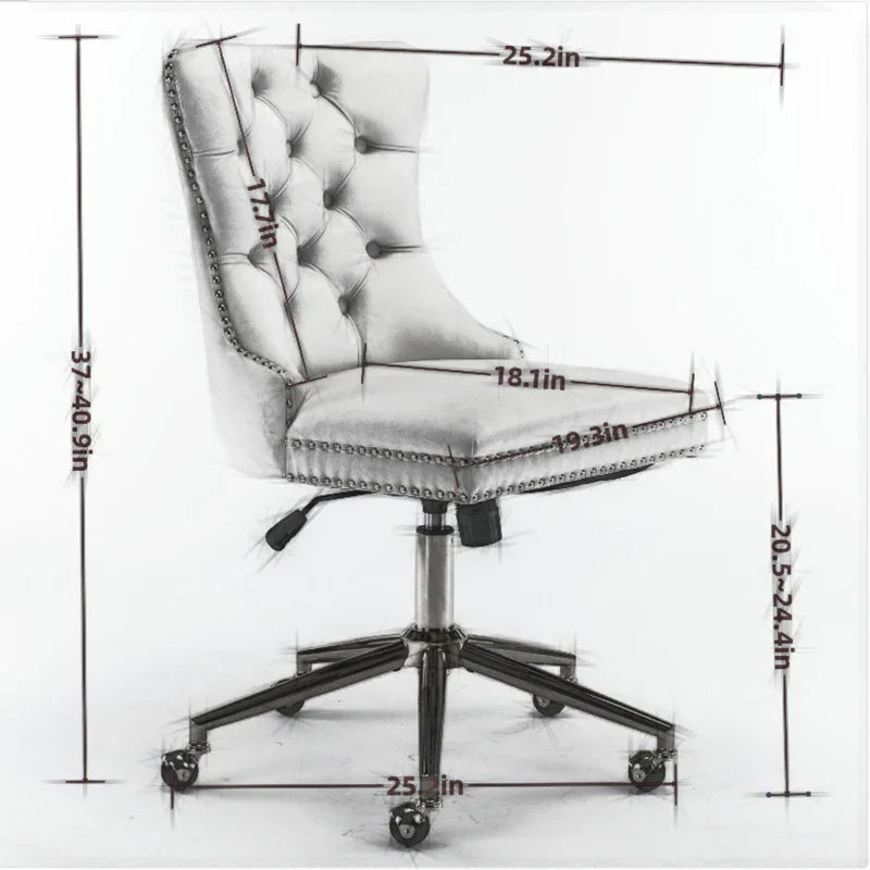 Gray velvet tufted executive office chair with ergonomic foam seat and gold metal base by Platinum-Level Office Chairs.