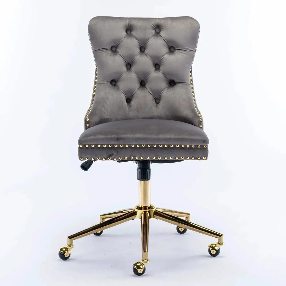 Gray velvet tufted executive office chair with ergonomic foam padding and gold metal base by Platinum-Level Office Chairs.