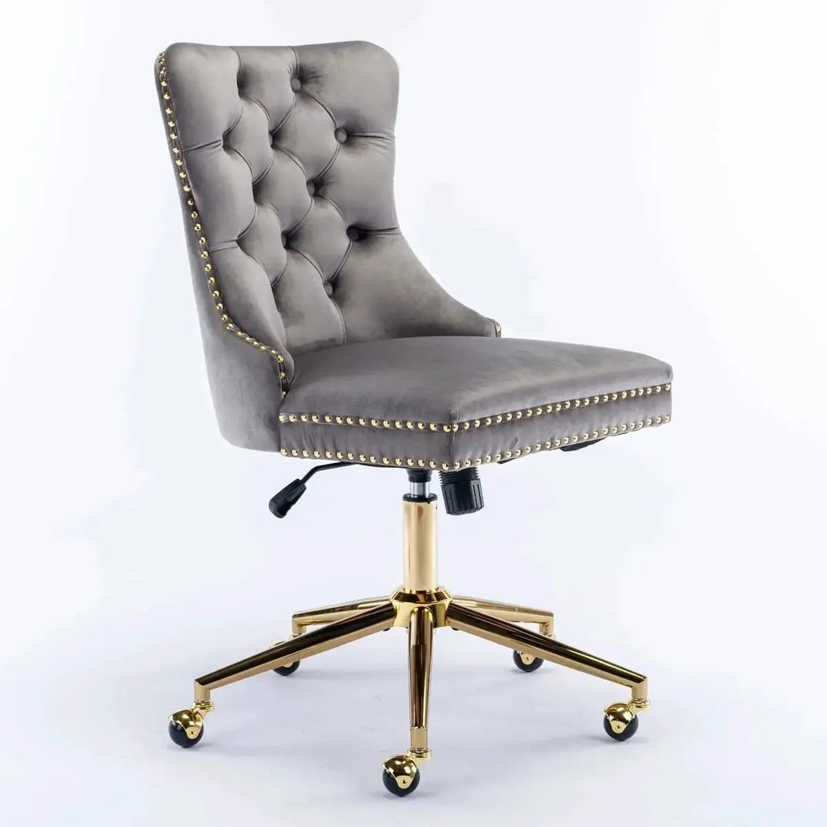 Gray velvet executive office chair with tufted back, ergonomic foam padding, and gold metal base by Platinum-Level Office Chairs.