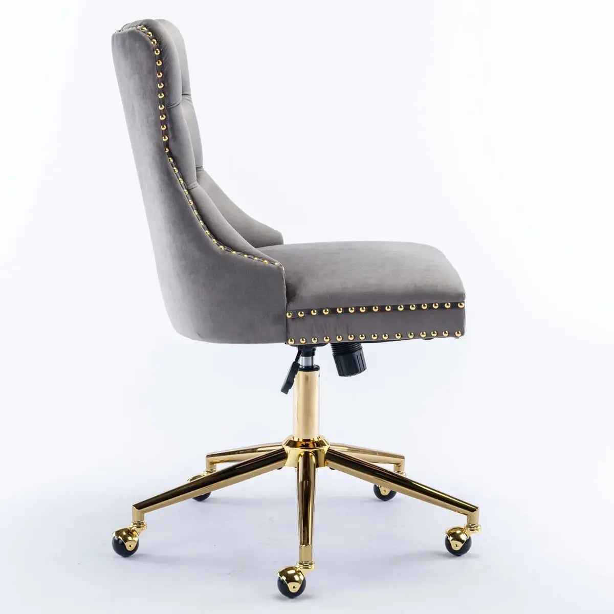 Gray velvet tufted executive office chair with ergonomic foam padding and gold metal base by Platinum-Level Office Chairs.