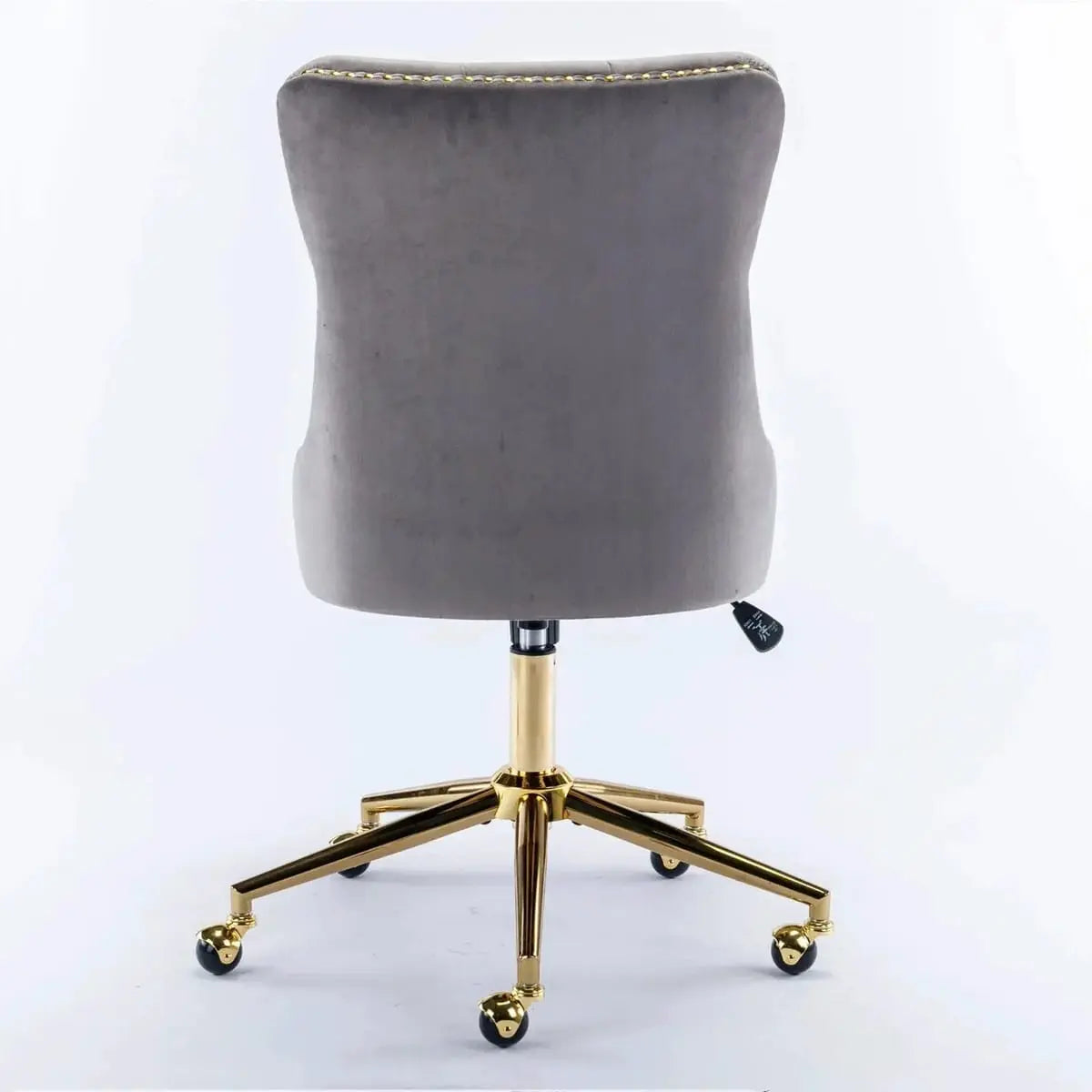 Gray velvet tufted executive office chair with ergonomic foam padding and gold metal base by Platinum-Level Office Chairs