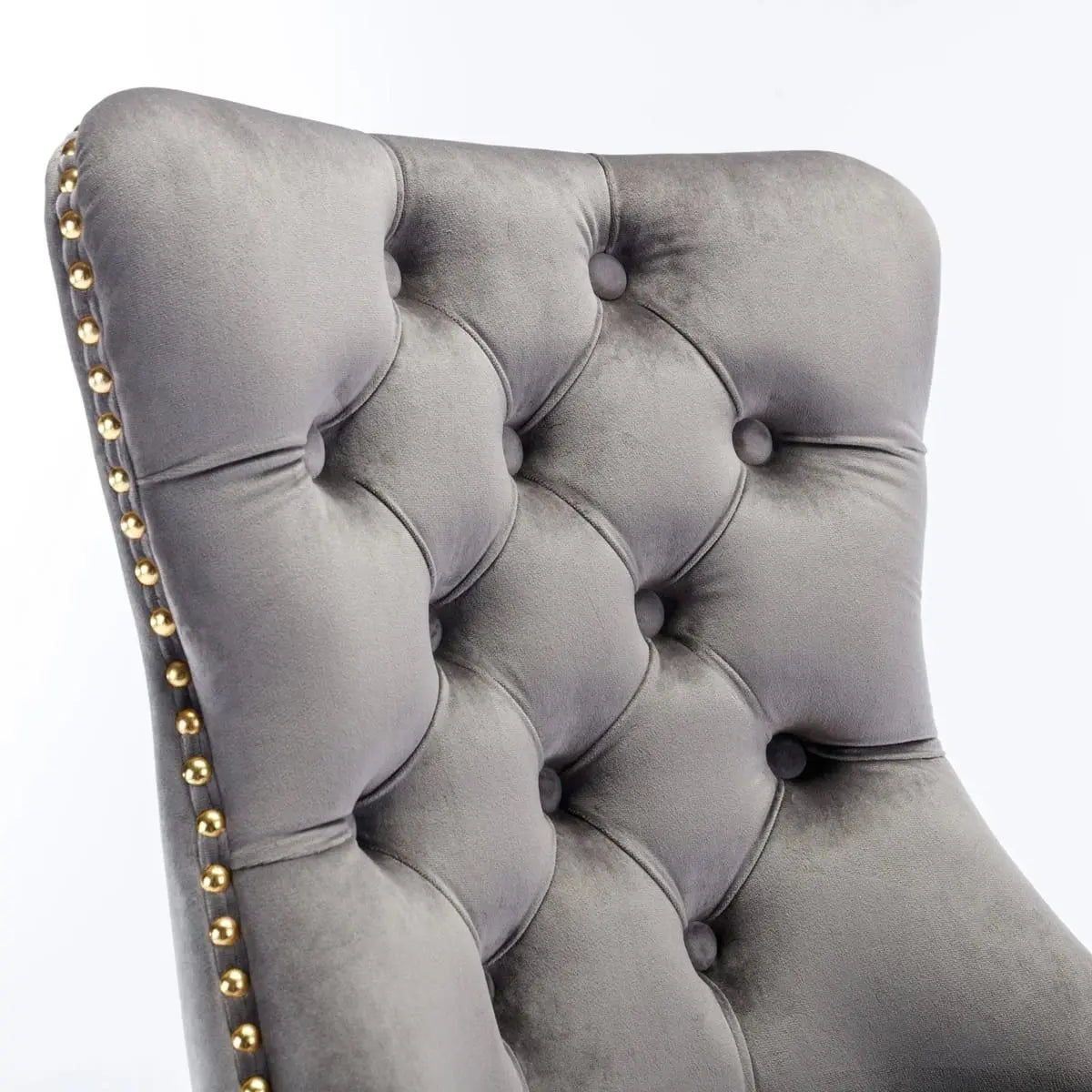 Gray velvet tufted executive office chair with ergonomic foam padding and gold metal base by Platinum-Level Office Chairs.